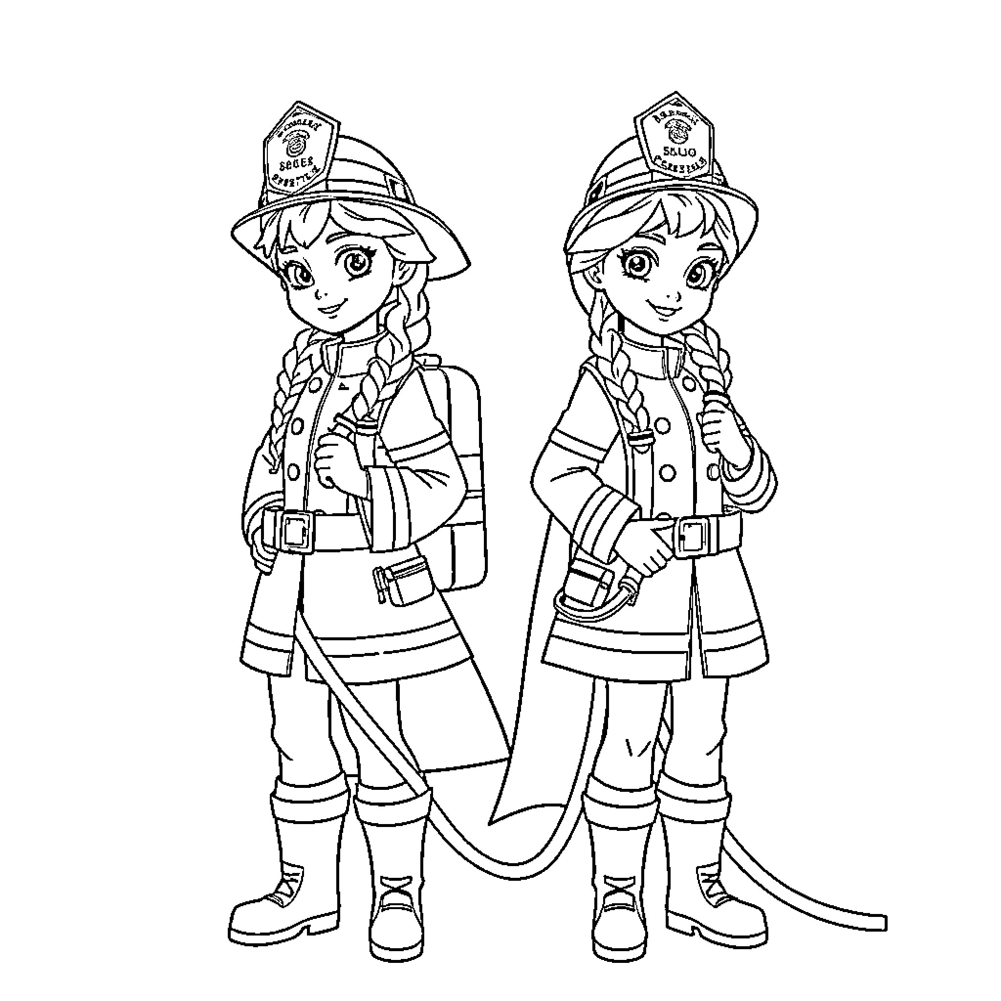 Anna and Elsa as Firefighters Coloring Page (free black-and-white line drawing printable PDF for all, from beginners to advanced learners, including children, teens, adults, and seniors)