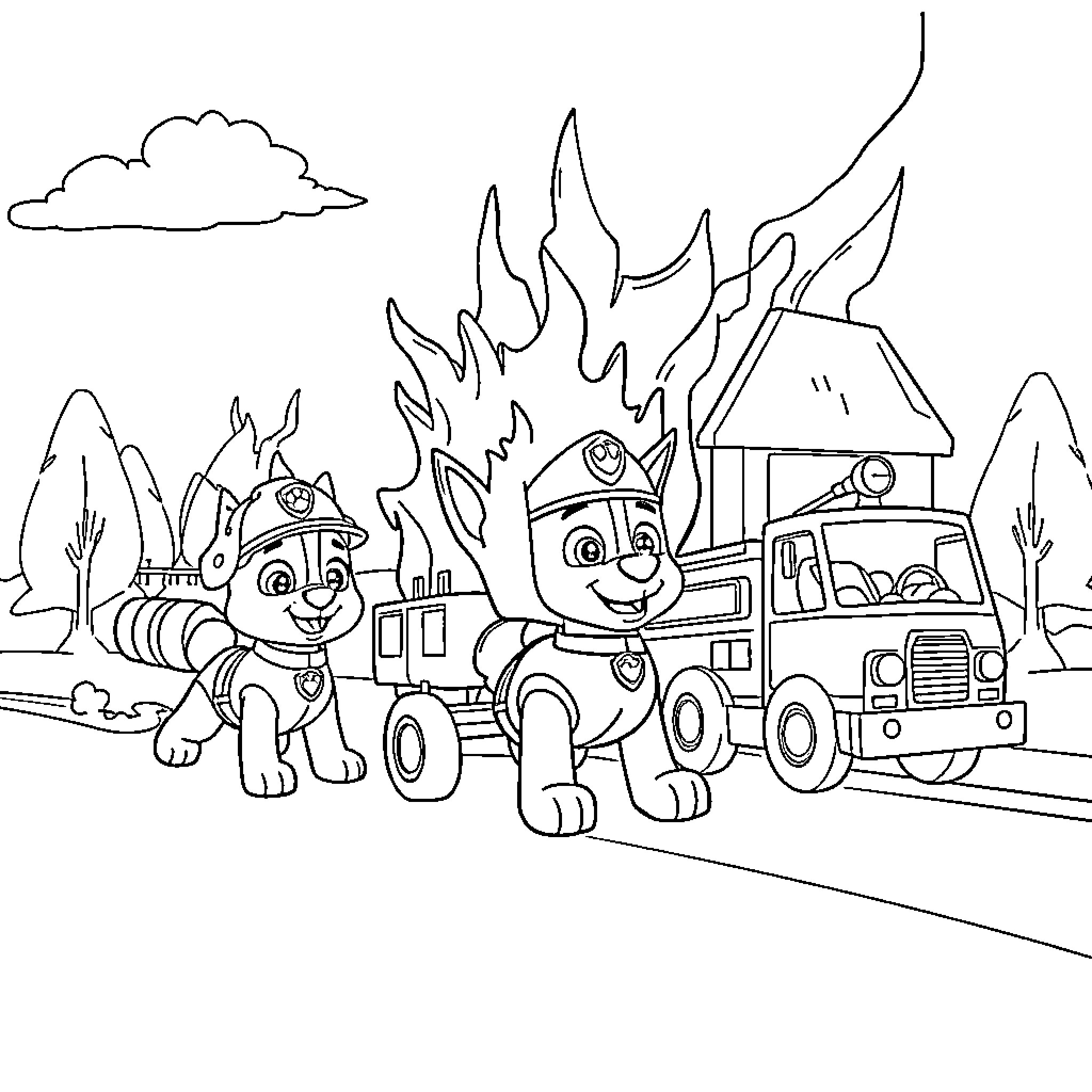 Paw Patrol Firefighters Rescue Mission Coloring Page (free black-and-white line drawing printable PDF for all, from beginners to advanced learners, including children, teens, adults, and seniors)