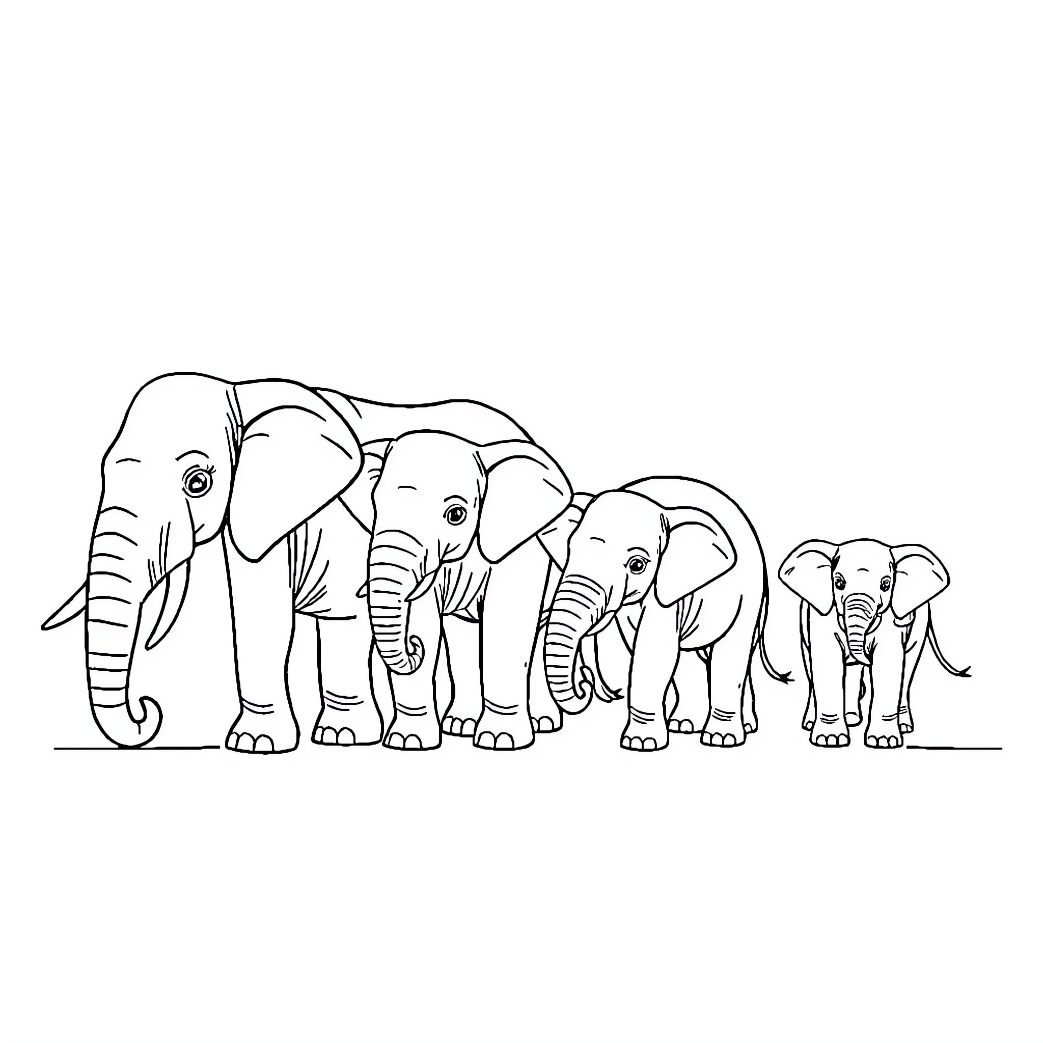 Elephant Family Walking Together Coloring Page (free black-and-white line drawing printable PDF for all, from beginners to advanced learners, including children, teens, adults, and seniors)
