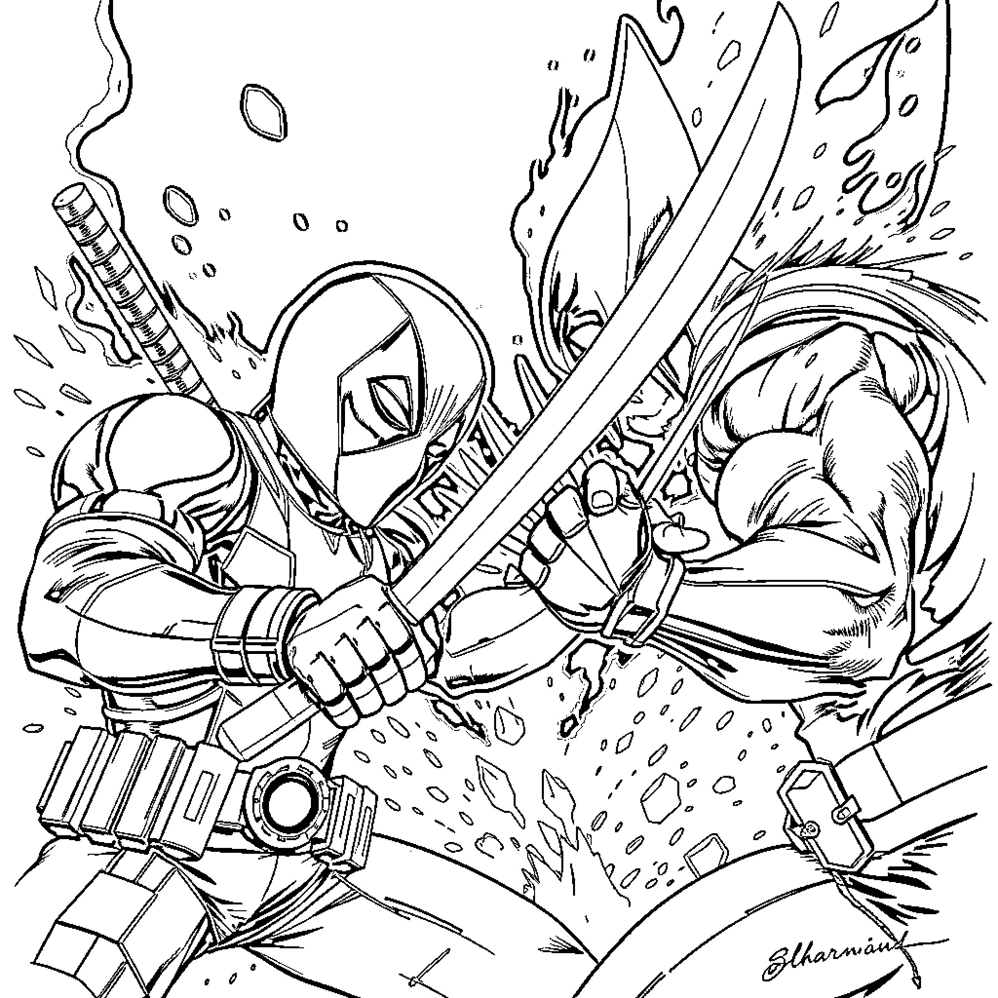 Deadpool in action-packed heroic pose Coloring Page (free black-and-white line drawing printable PDF for all, from beginners to advanced learners, including children, teens, adults, and seniors)