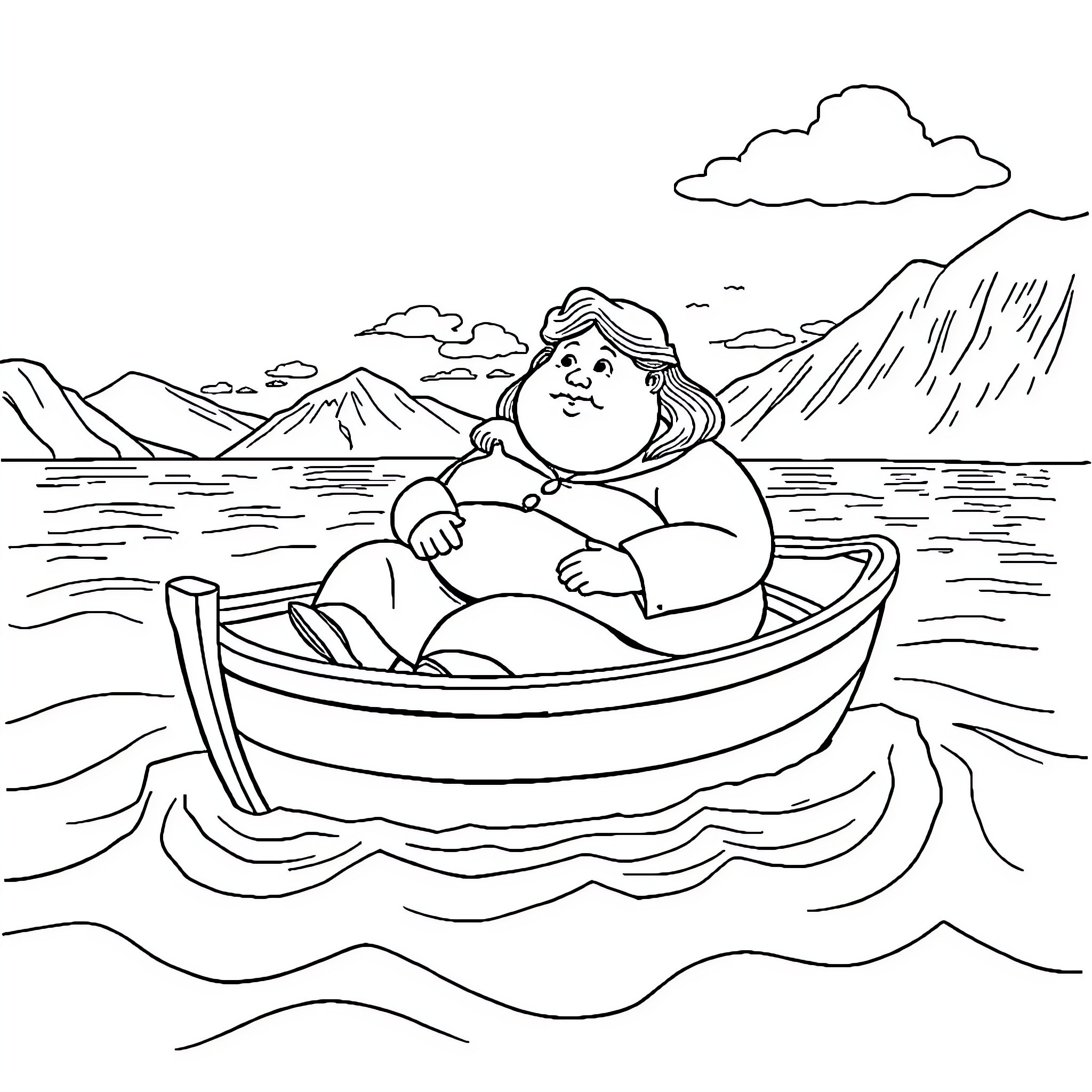 Lady rowing a boat in a serene landscape Coloring Page (free black-and-white line drawing printable PDF for all, from beginners to advanced learners, including children, teens, adults, and seniors)