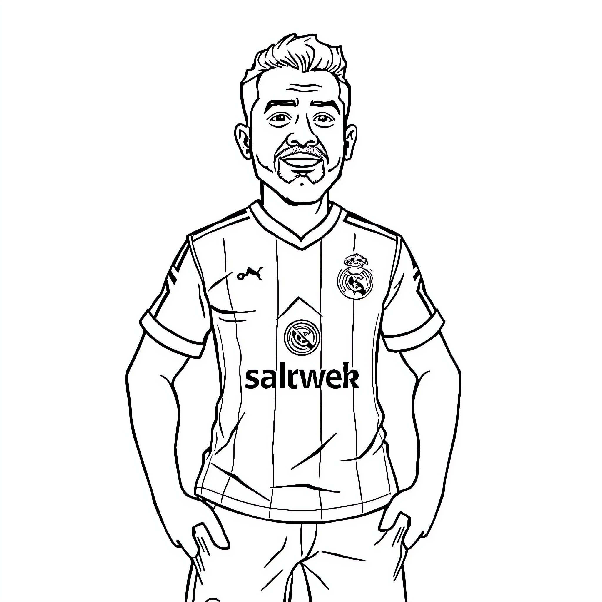 Salvador playing soccer in Real Madrid jersey Coloring Page (free black-and-white line drawing printable PDF for all, from beginners to advanced learners, including children, teens, adults, and seniors)
