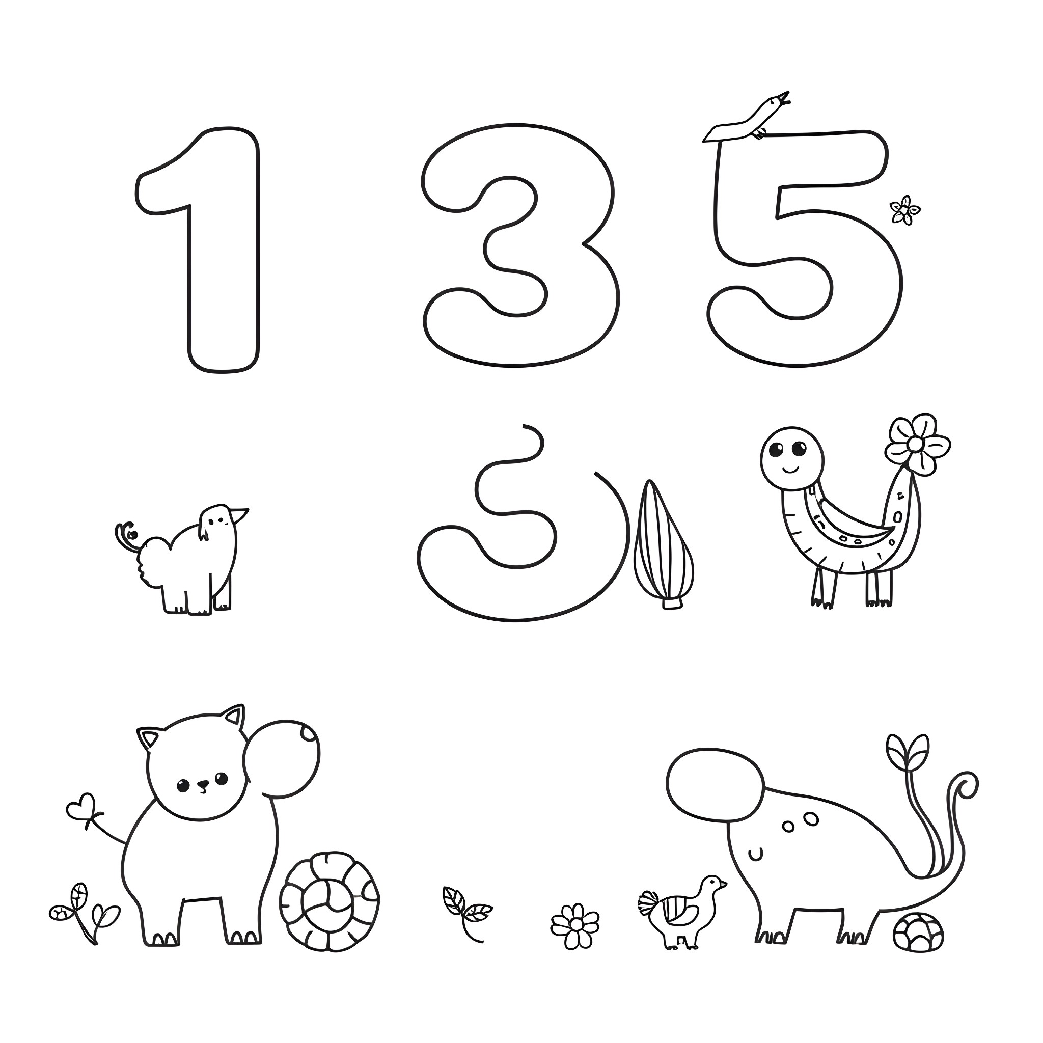 Number Counting with Playful Doodle Illustrations Coloring Page (free black-and-white line drawing printable PDF for all, from beginners to advanced learners, including children, teens, adults, and seniors)