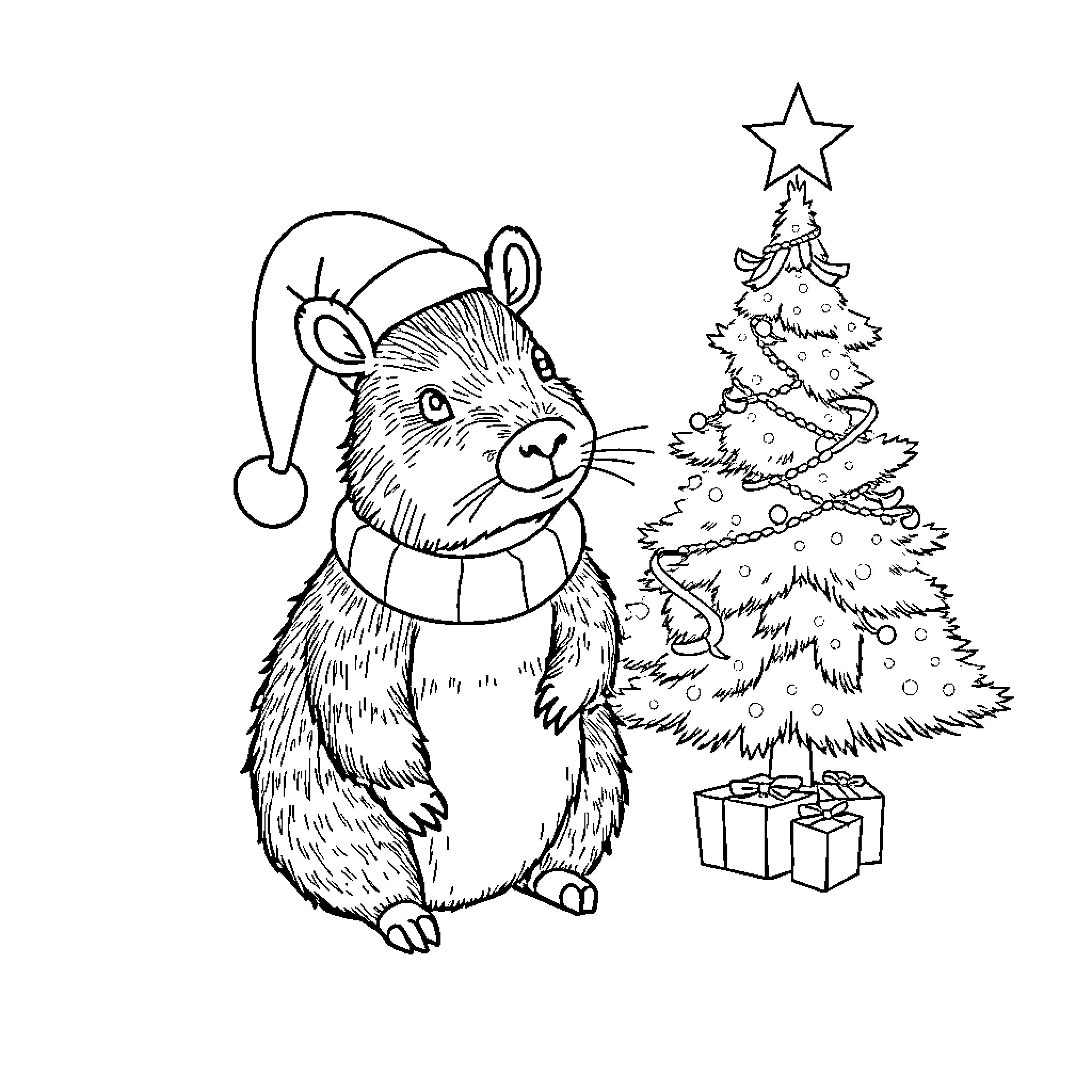 Capybara enjoying Christmas with a decorated tree Coloring Page (free black-and-white line drawing printable PDF for all, from beginners to advanced learners, including children, teens, adults, and seniors)