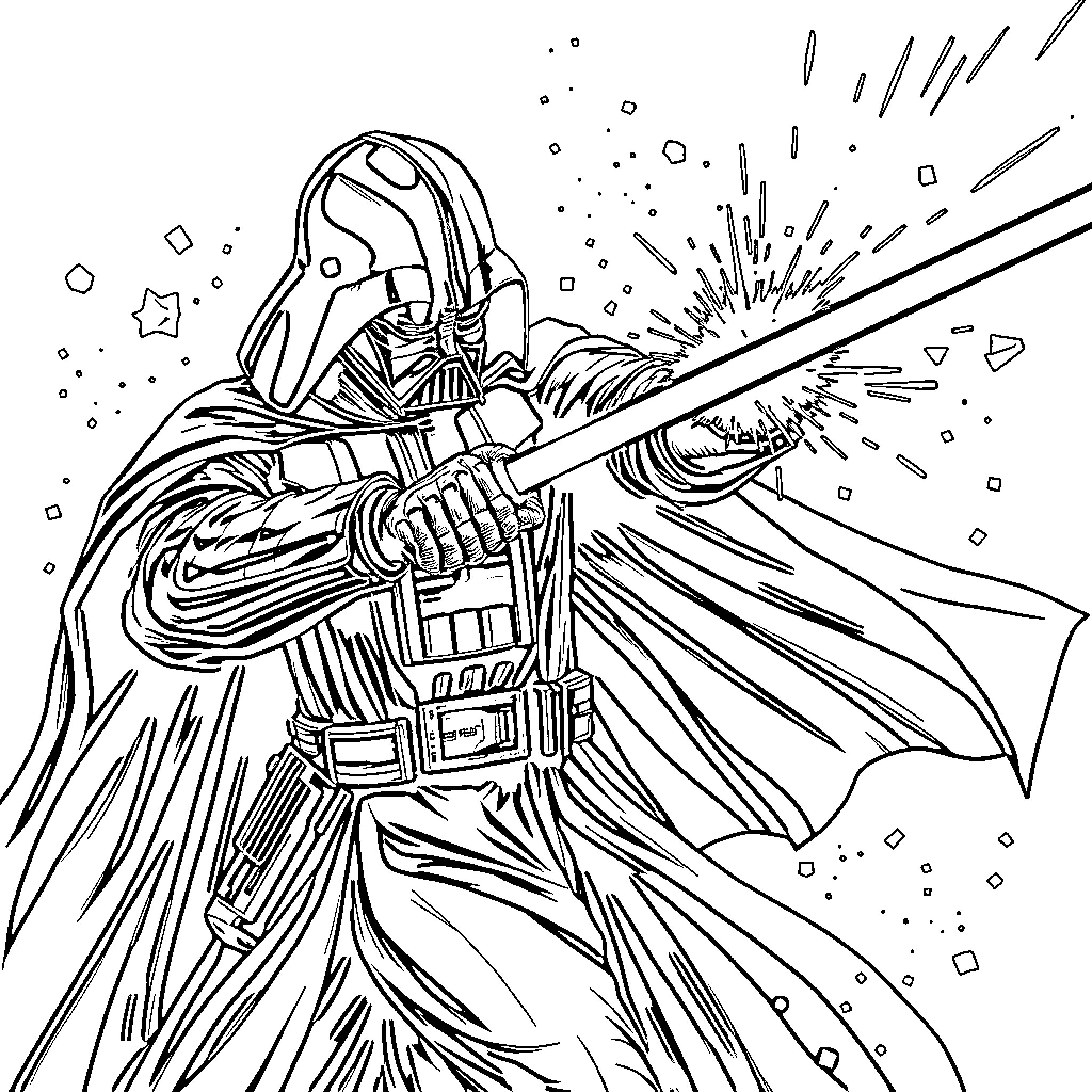 Darth Vader wielding his iconic lightsaber Coloring Page (free black-and-white line drawing printable PDF for all, from beginners to advanced learners, including children, teens, adults, and seniors)