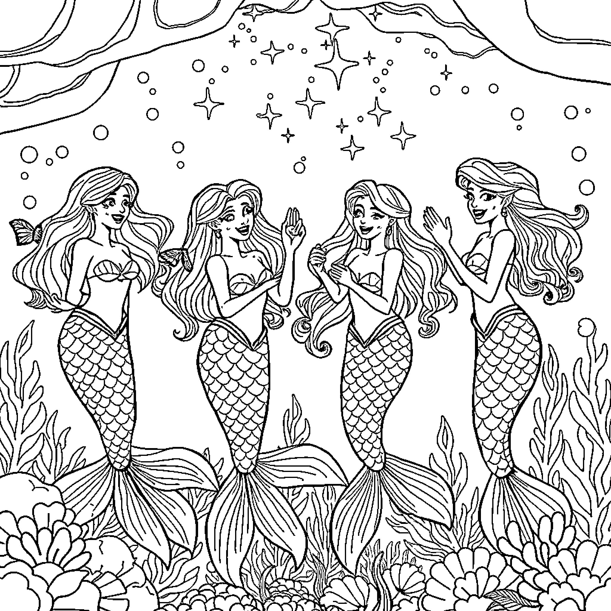 Mermaid friends enjoying the underwater world Coloring Page (free black-and-white line drawing printable PDF for all, from beginners to advanced learners, including children, teens, adults, and seniors)