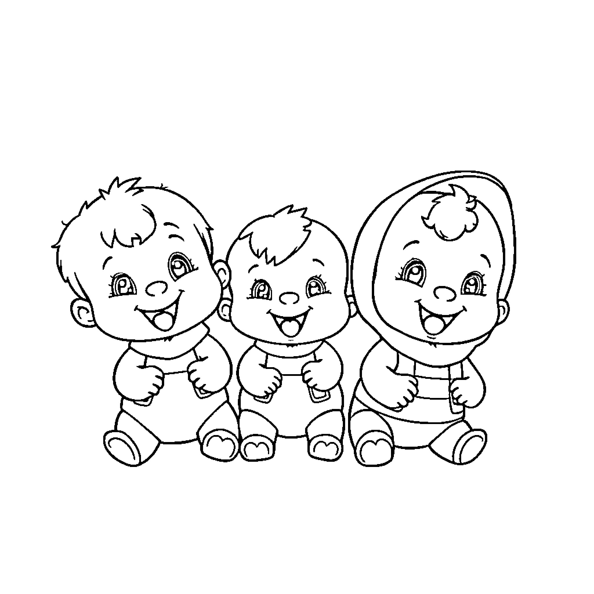 Huntrix Trio of Happy Cartoon Characters Coloring Page (free black-and-white line drawing printable PDF for all, from beginners to advanced learners, including children, teens, adults, and seniors)