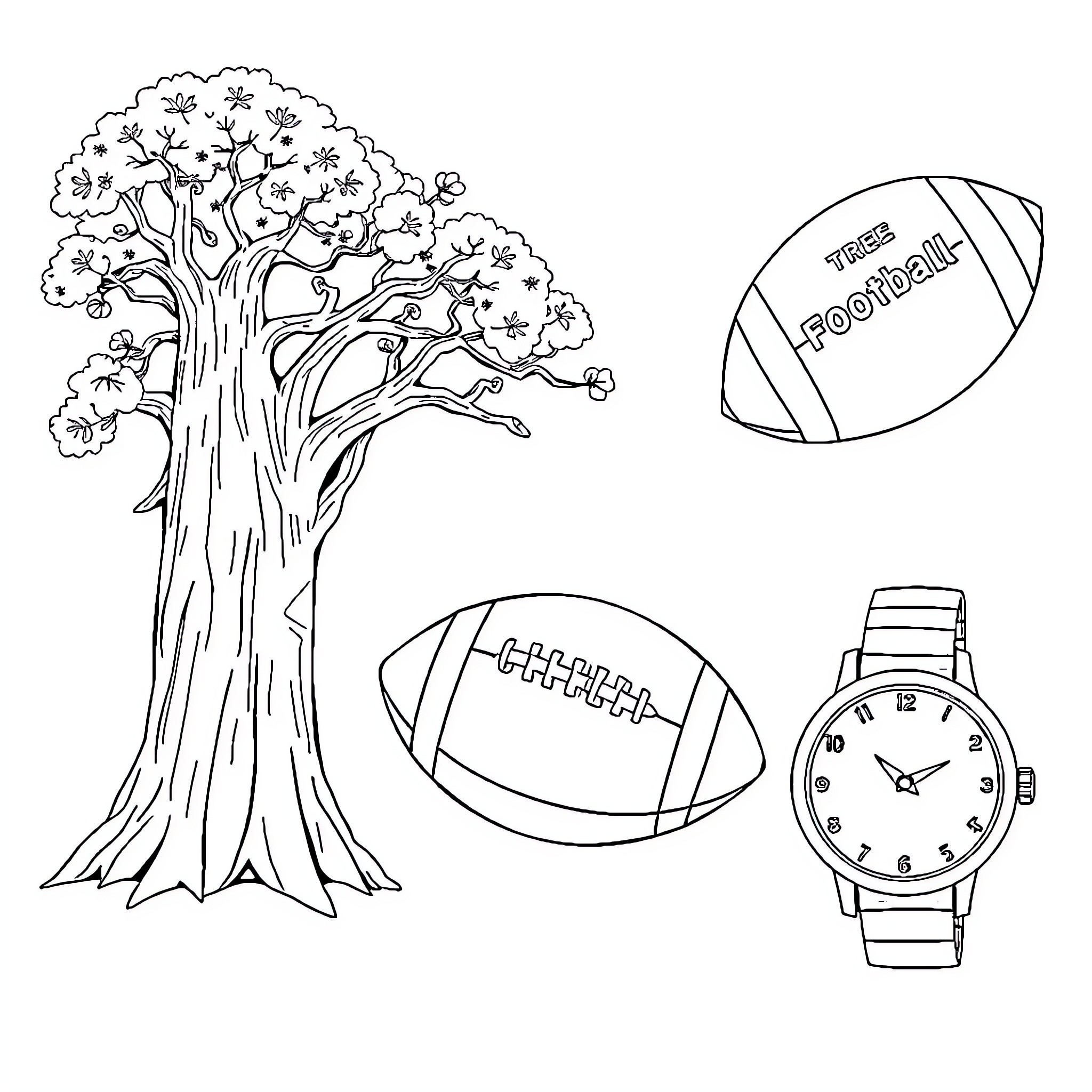 Tree with sports equipment and accessories Coloring Page (free black-and-white line drawing printable PDF for all, from beginners to advanced learners, including children, teens, adults, and seniors)