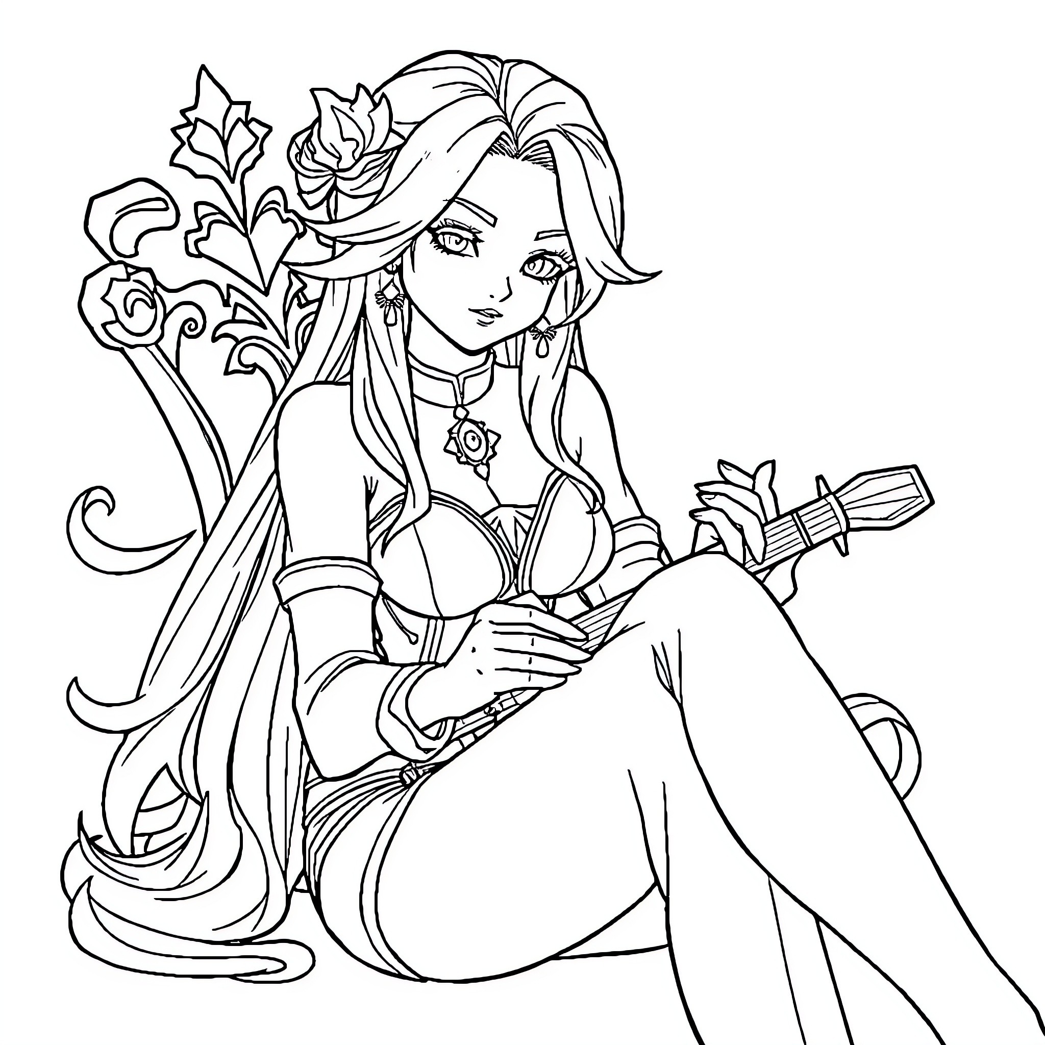 Sona the Enchanting Musician with Elegant Attire Coloring Page (free black-and-white line drawing printable PDF for all, from beginners to advanced learners, including children, teens, adults, and seniors)