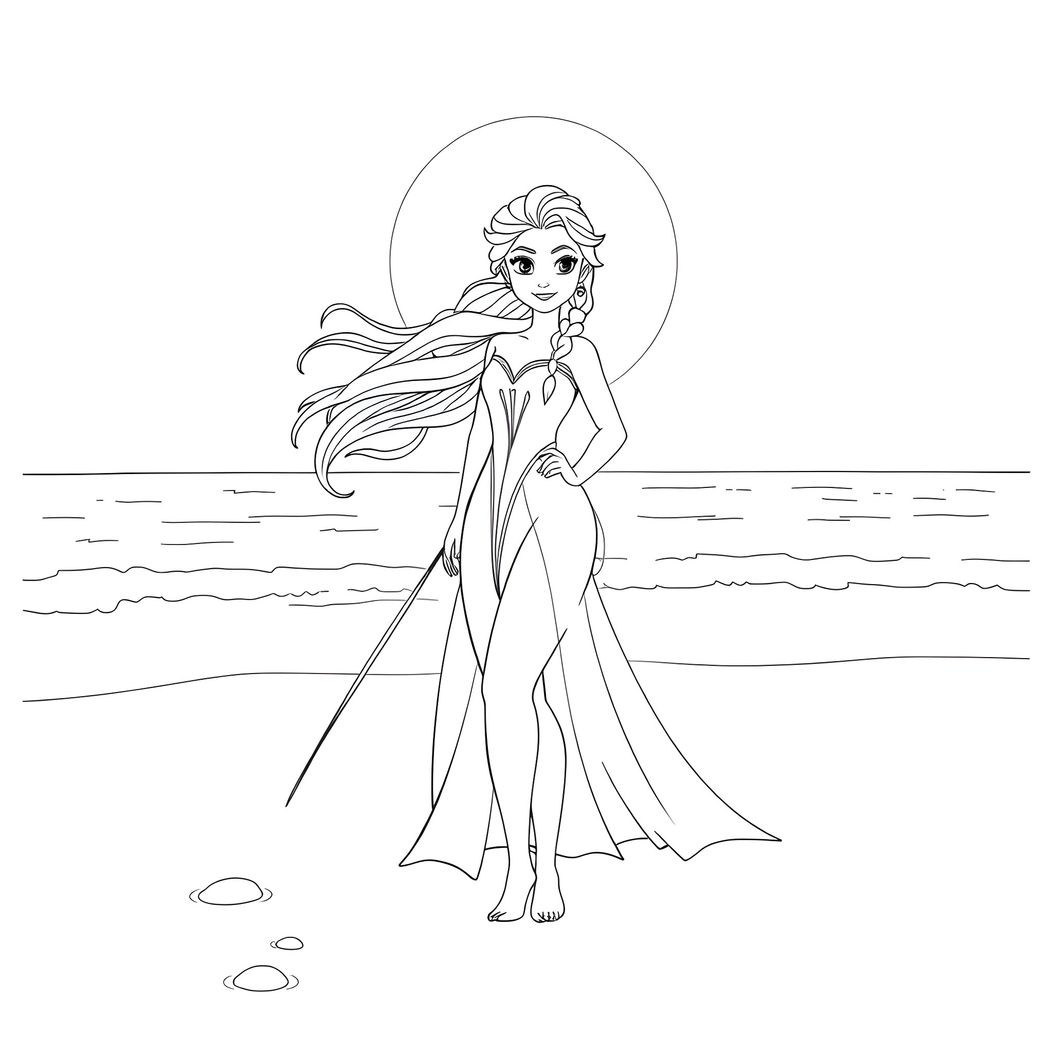 Elsa's Enchanting Coastal Adventure Coloring Page (free black-and-white line drawing printable PDF for all, from beginners to advanced learners, including children, teens, adults, and seniors)