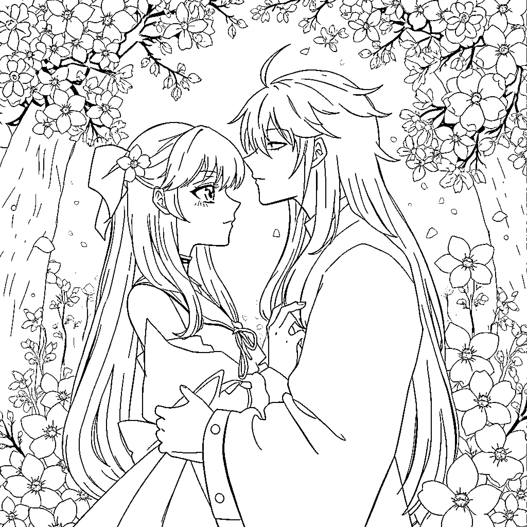 Sesshomaru and Rin in Enchanting Floral Setting Coloring Page (free black-and-white line drawing printable PDF for all, from beginners to advanced learners, including children, teens, adults, and seniors)
