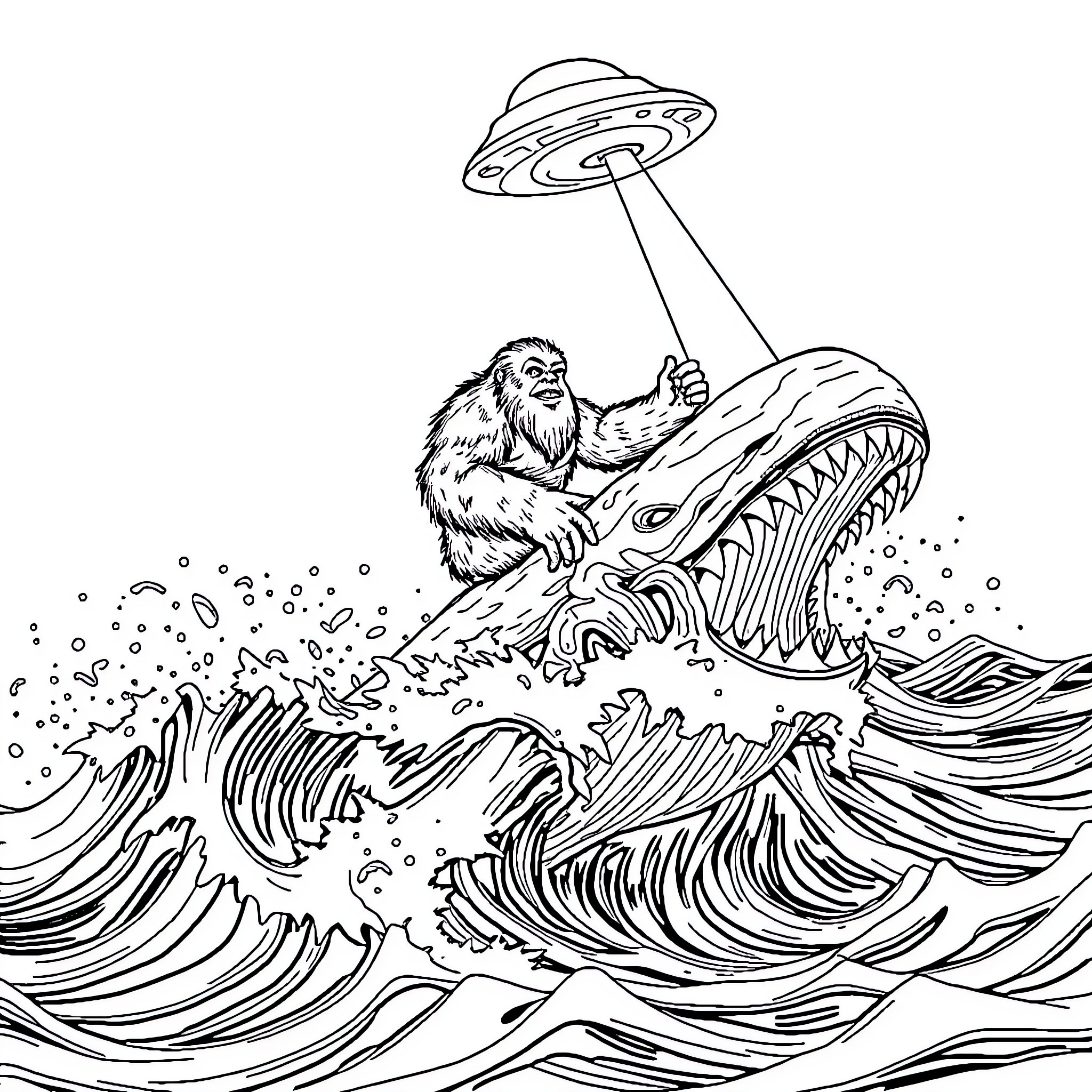 Sasquatch surfing the treacherous waves with a UFO Coloring Page (free black-and-white line drawing printable PDF for all, from beginners to advanced learners, including children, teens, adults, and seniors)