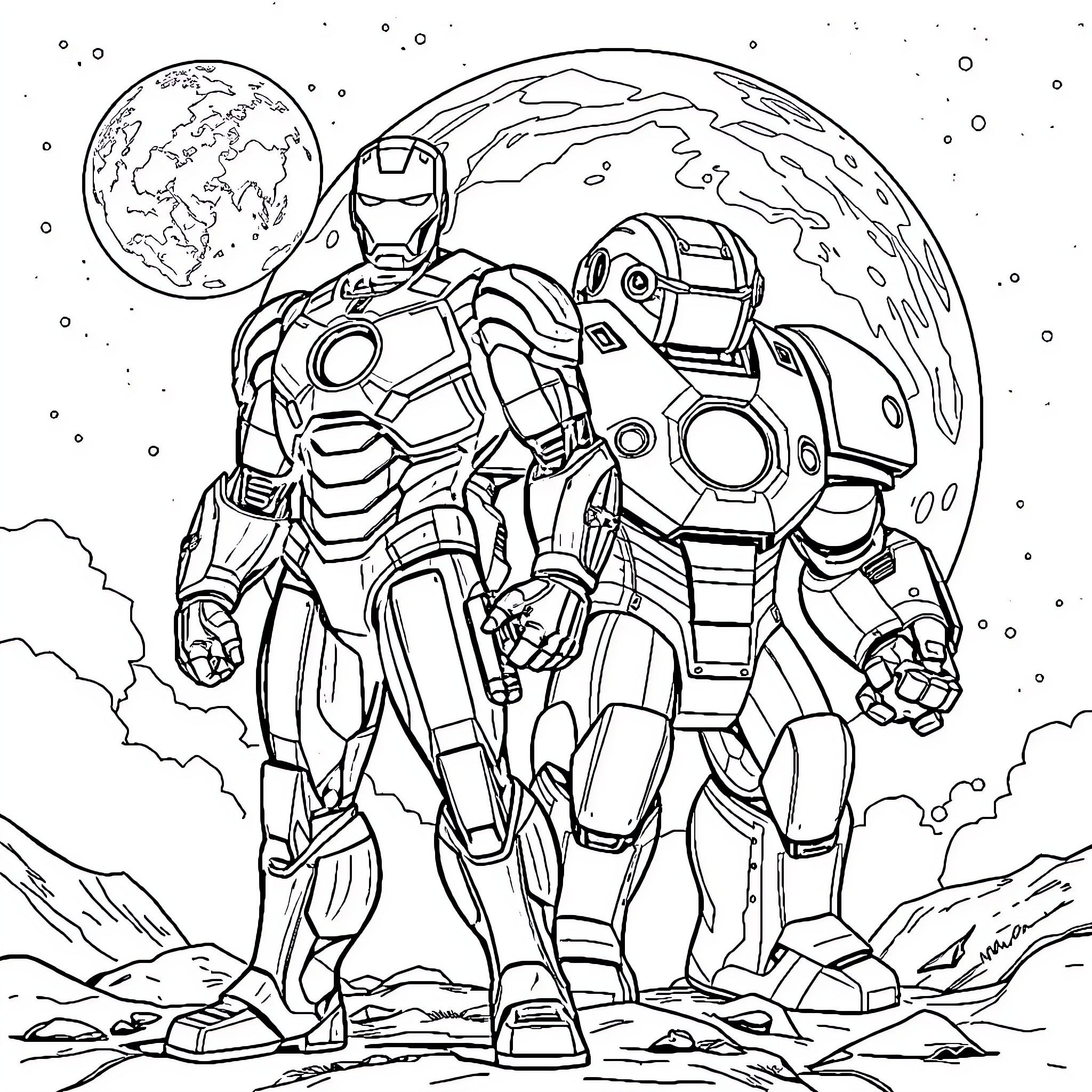 Iron Man Suit Up in Alien Landscape Coloring Page (free black-and-white line drawing printable PDF for all, from beginners to advanced learners, including children, teens, adults, and seniors)
