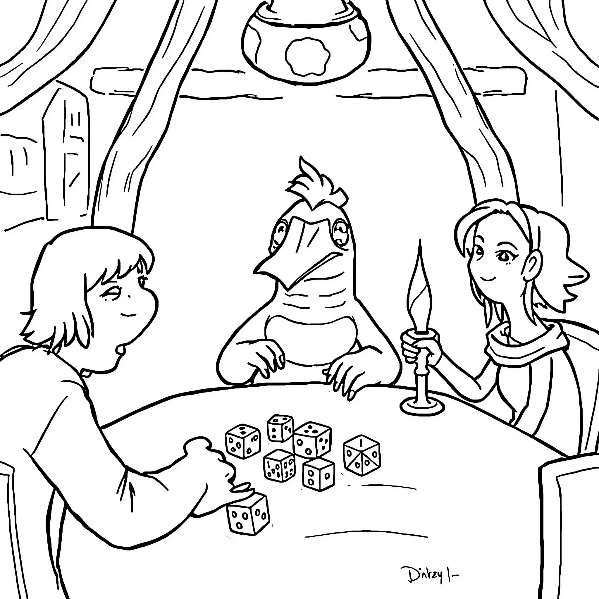Platypus playing game with friends in fantasy room Coloring Page (free black-and-white line drawing printable PDF for all, from beginners to advanced learners, including children, teens, adults, and seniors)
