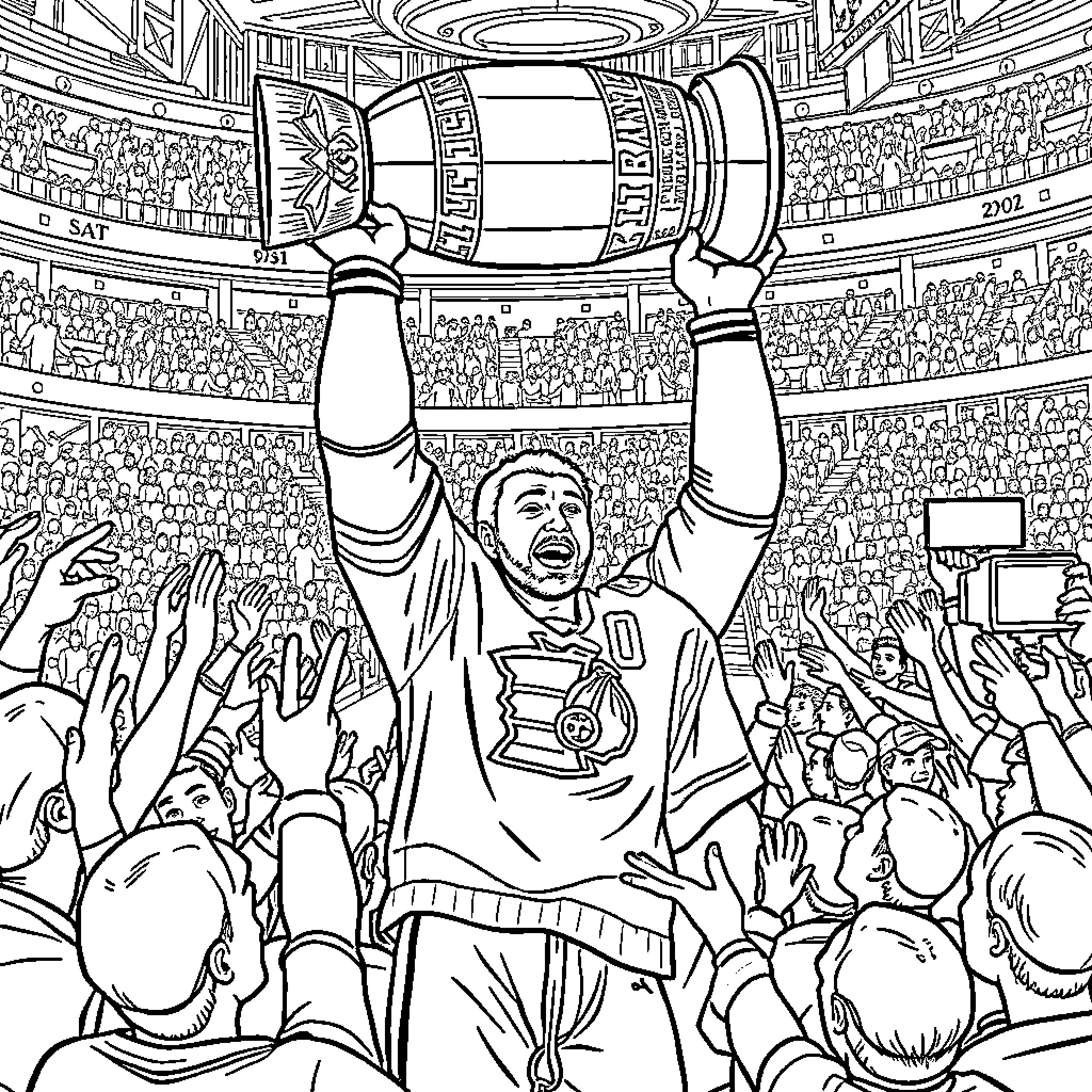Aleksander Barkov lifting a championship trophy in a crowded arena Coloring Page (free black-and-white line drawing printable PDF for all, from beginners to advanced learners, including children, teens, adults, and seniors)