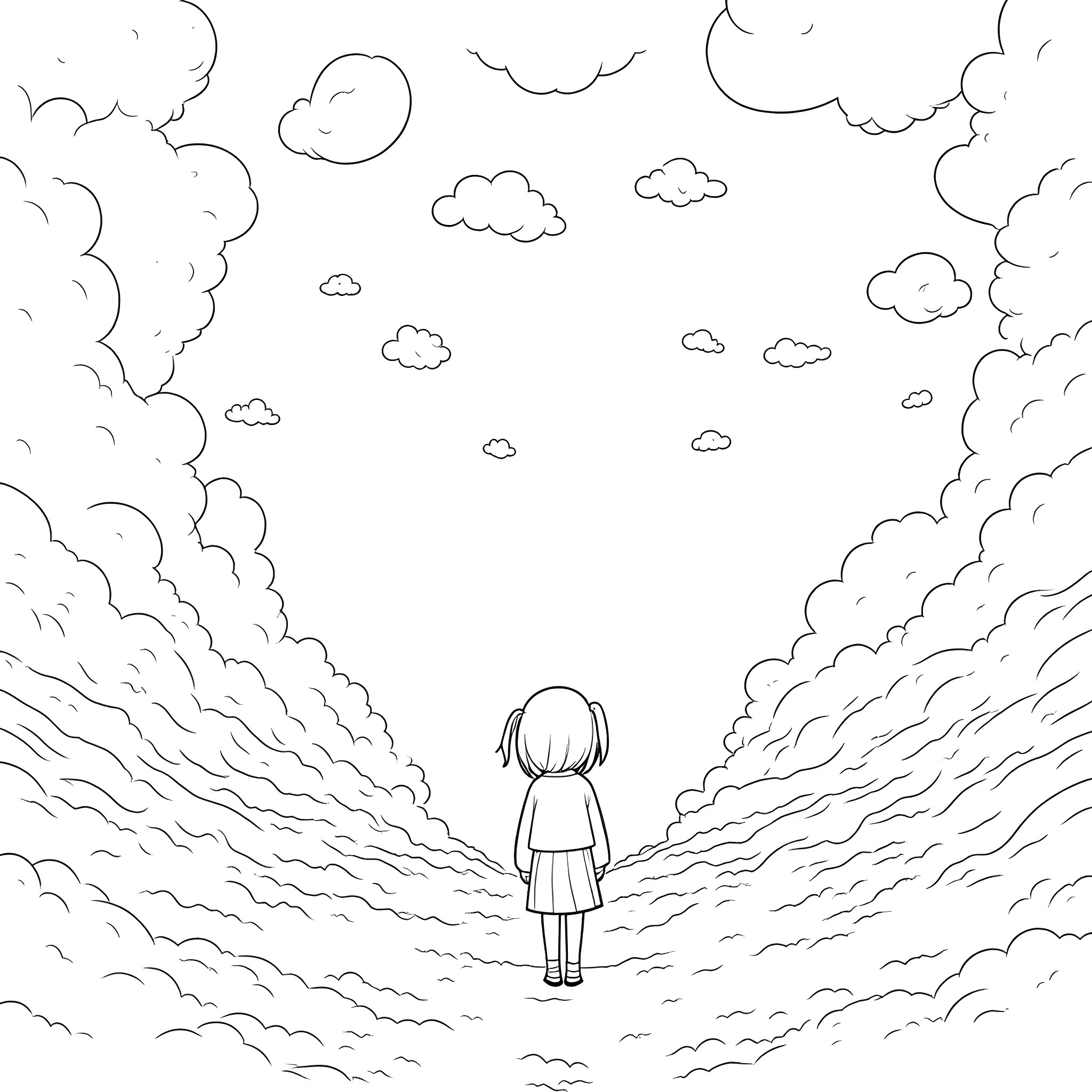 Yume Nikki - Lonely Girl in the Cloudy Dreamscape Coloring Page (free black-and-white line drawing printable PDF for all, from beginners to advanced learners, including children, teens, adults, and seniors)