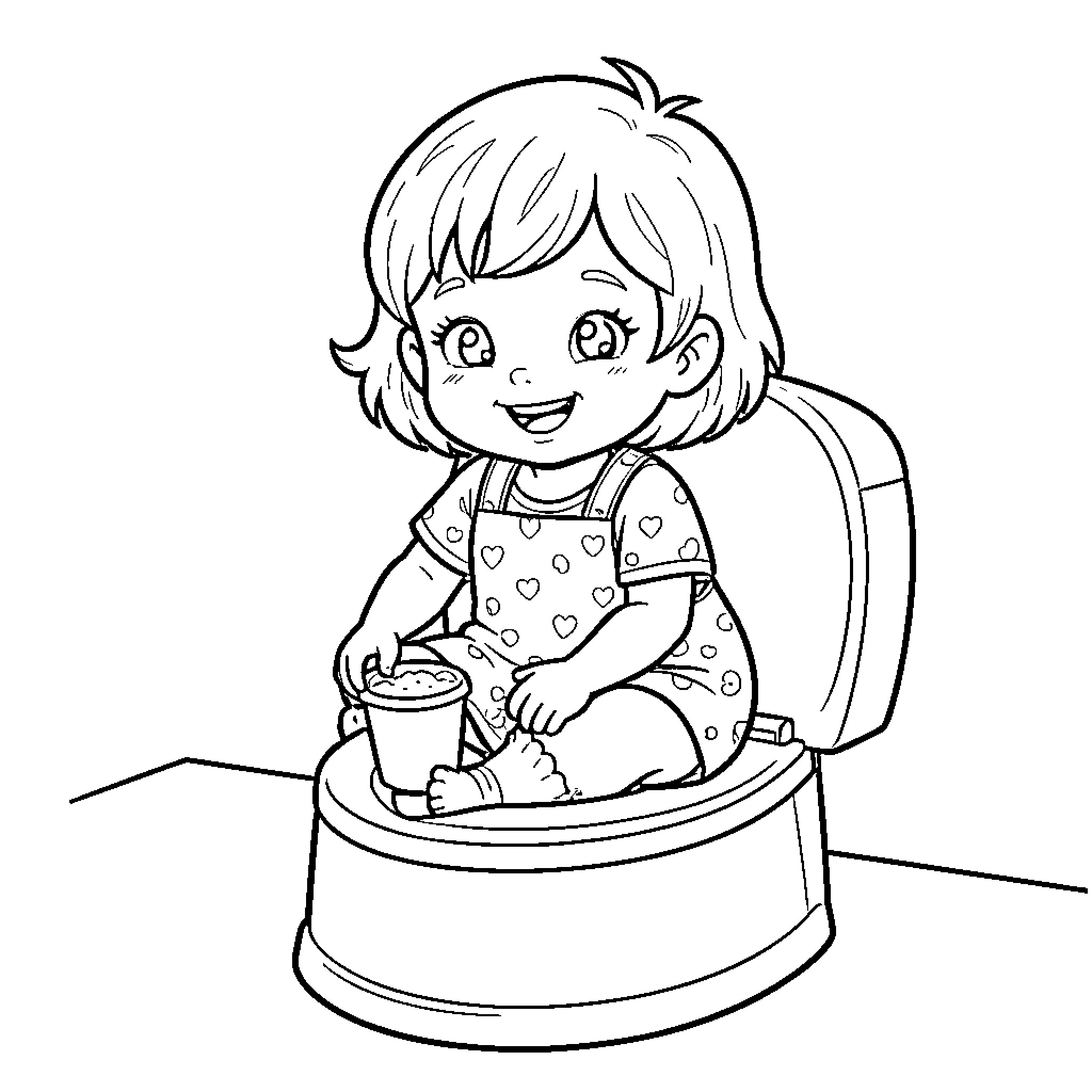 Fille enjoying snack time at table Coloring Page (free black-and-white line drawing printable PDF for all, from beginners to advanced learners, including children, teens, adults, and seniors)