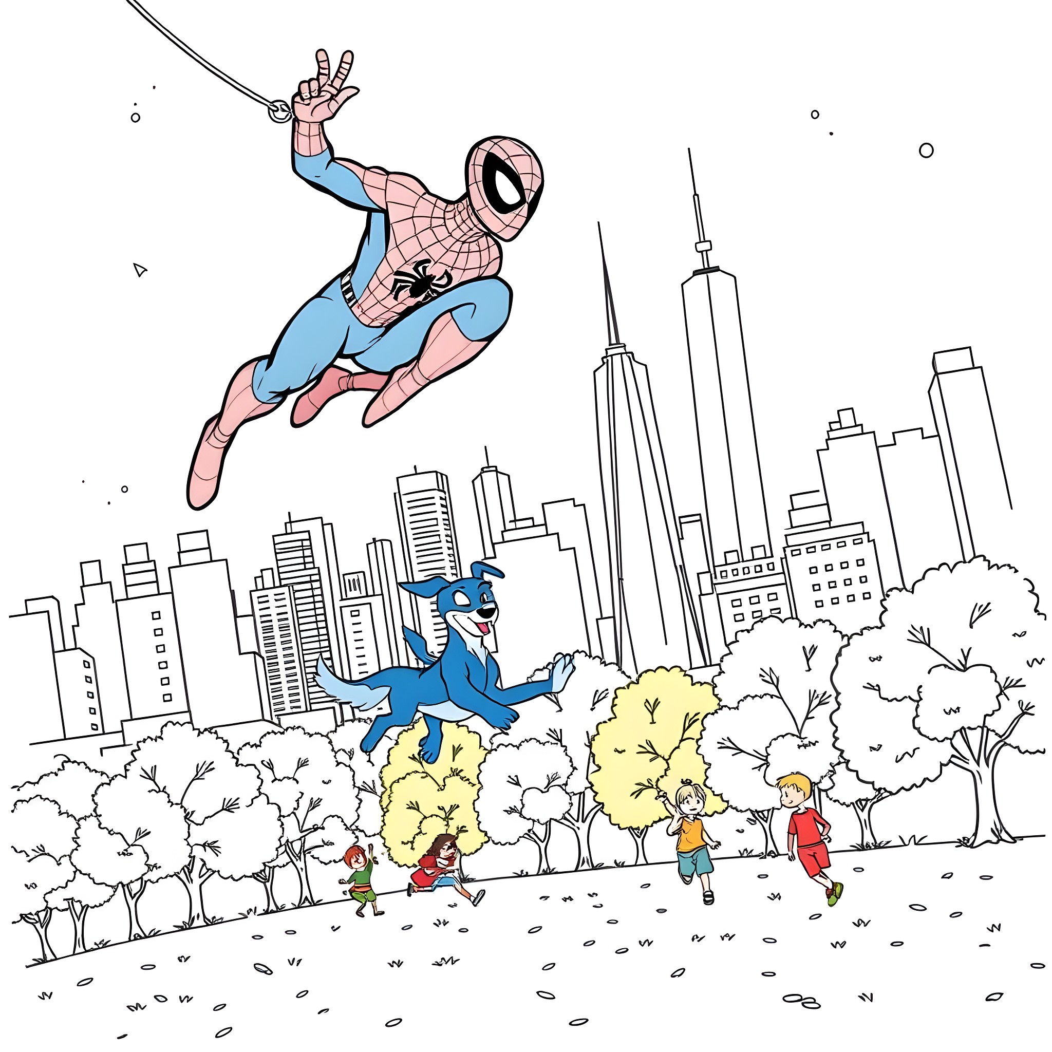 Spider-Man swinging through the city with New Yorkers below Coloring Page (free black-and-white line drawing printable PDF for all, from beginners to advanced learners, including children, teens, adults, and seniors)