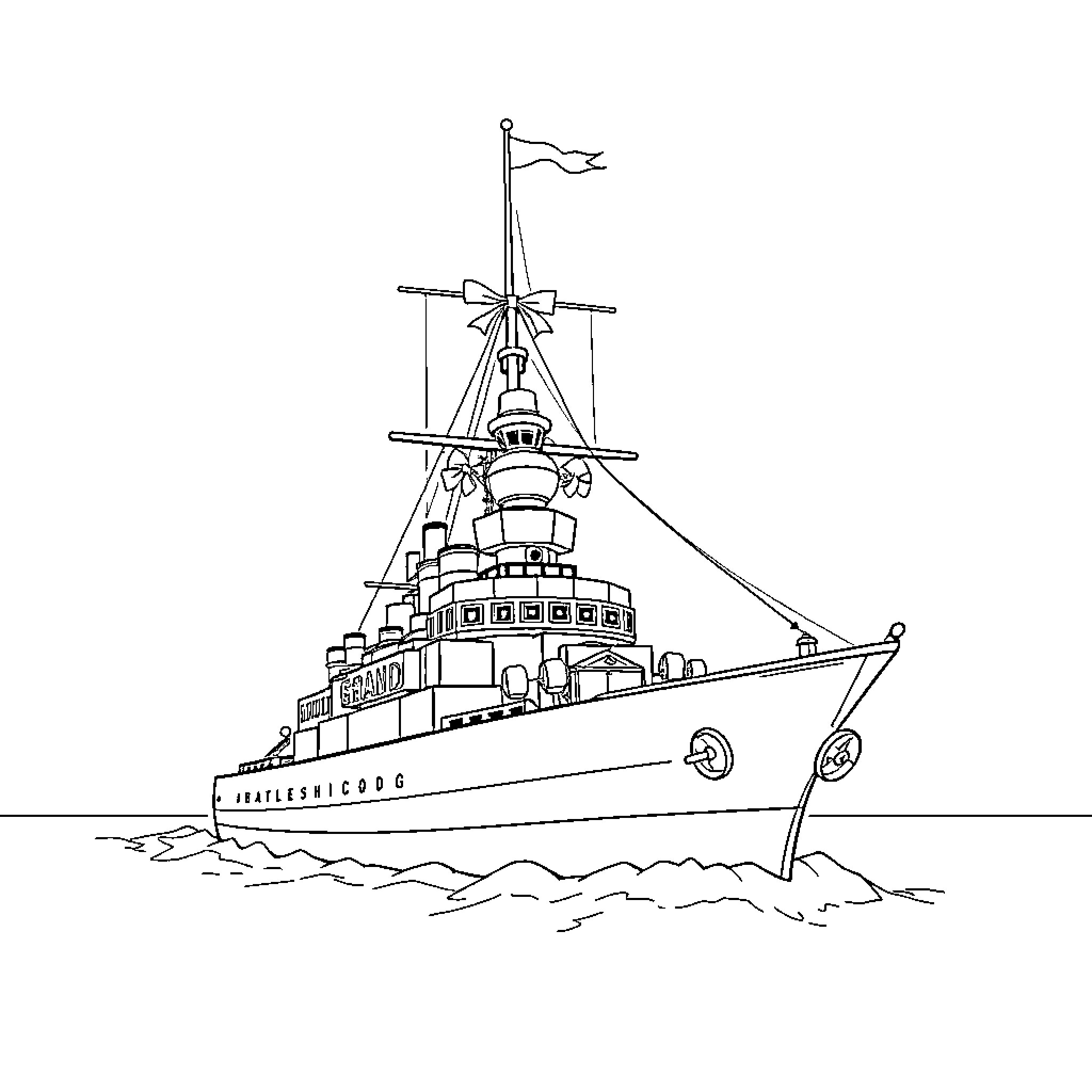 Battleship sailing with crew onboard Coloring Page (free black-and-white line drawing printable PDF for all, from beginners to advanced learners, including children, teens, adults, and seniors)