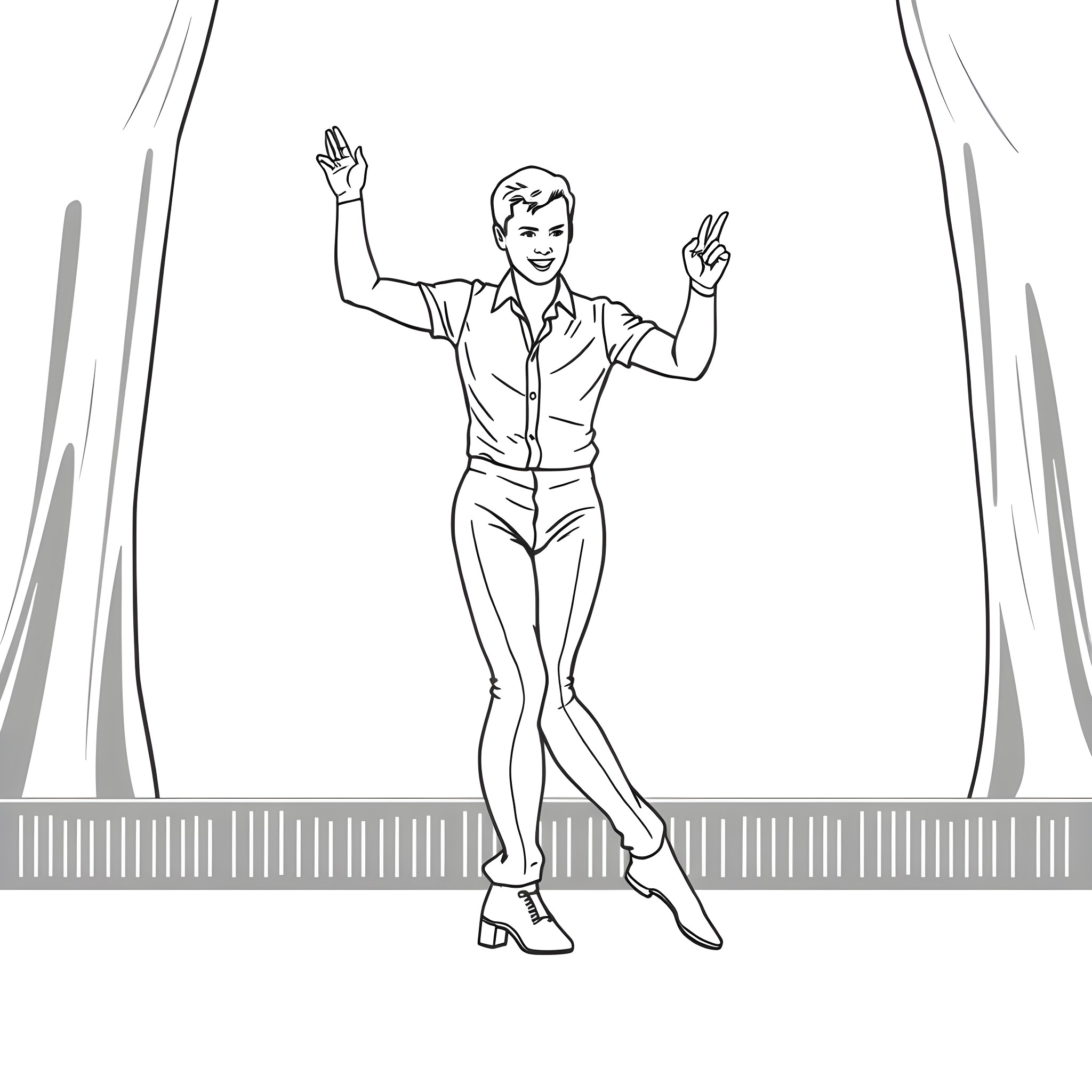 Tap Dancer performing on stage Coloring Page (free black-and-white line drawing printable PDF for all, from beginners to advanced learners, including children, teens, adults, and seniors)
