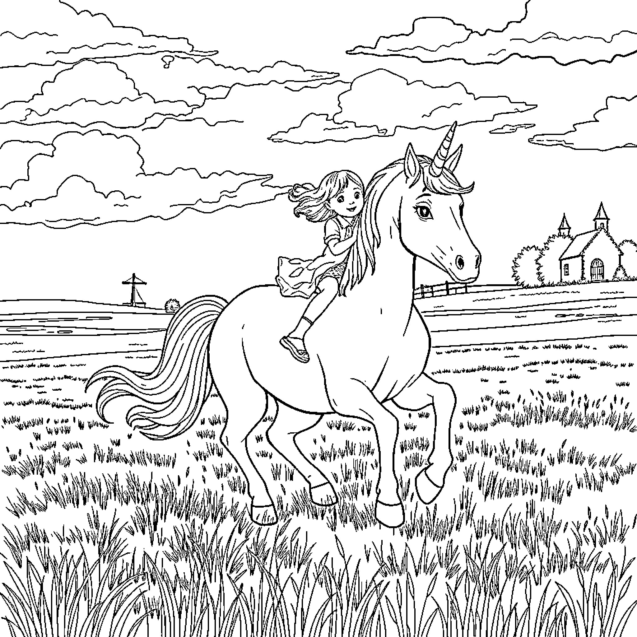 Unicorn carrying a girl through a grassy field Coloring Page (free black-and-white line drawing printable PDF for all, from beginners to advanced learners, including children, teens, adults, and seniors)