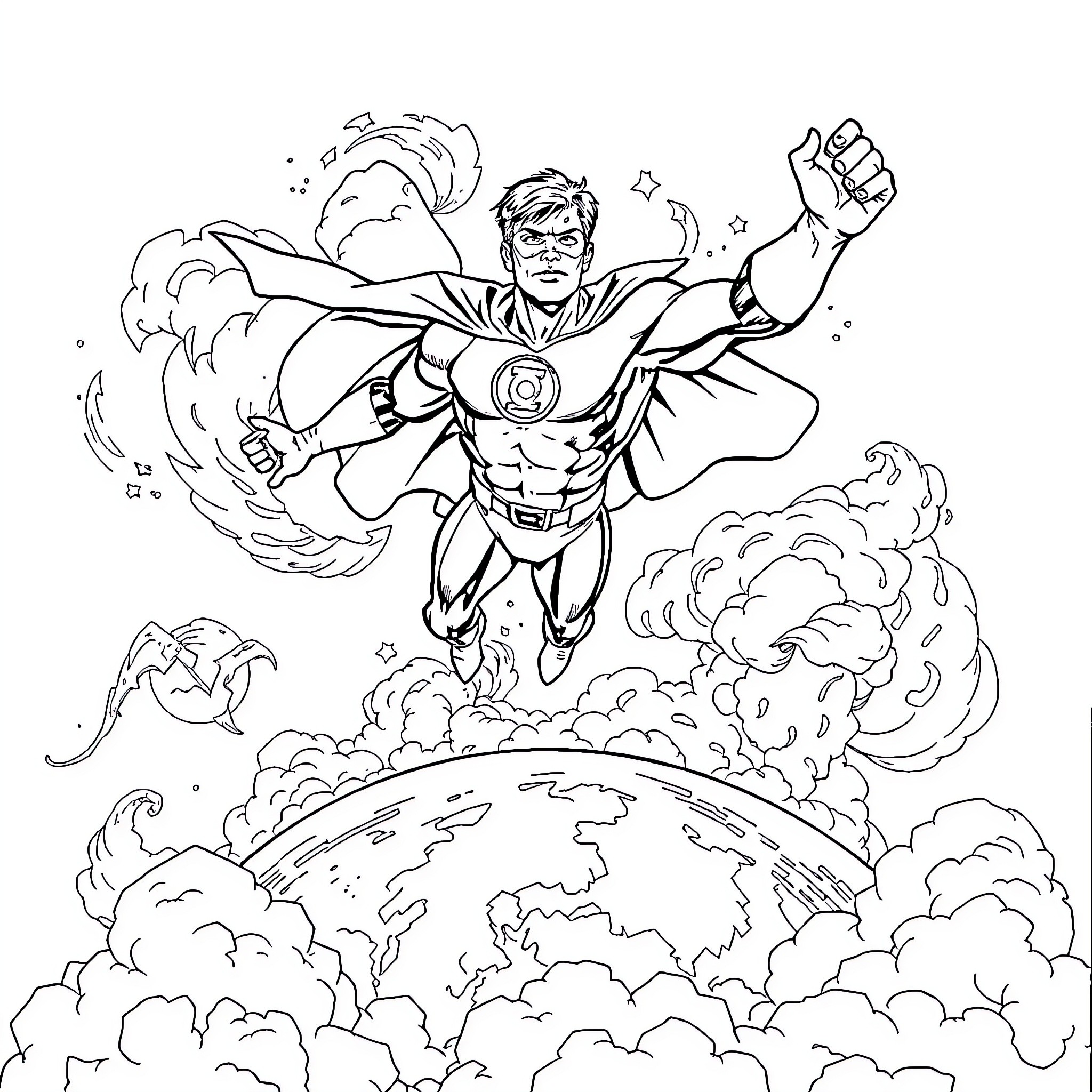 Green Lantern Soaring through Cosmic Clouds Coloring Page (free black-and-white line drawing printable PDF for all, from beginners to advanced learners, including children, teens, adults, and seniors)