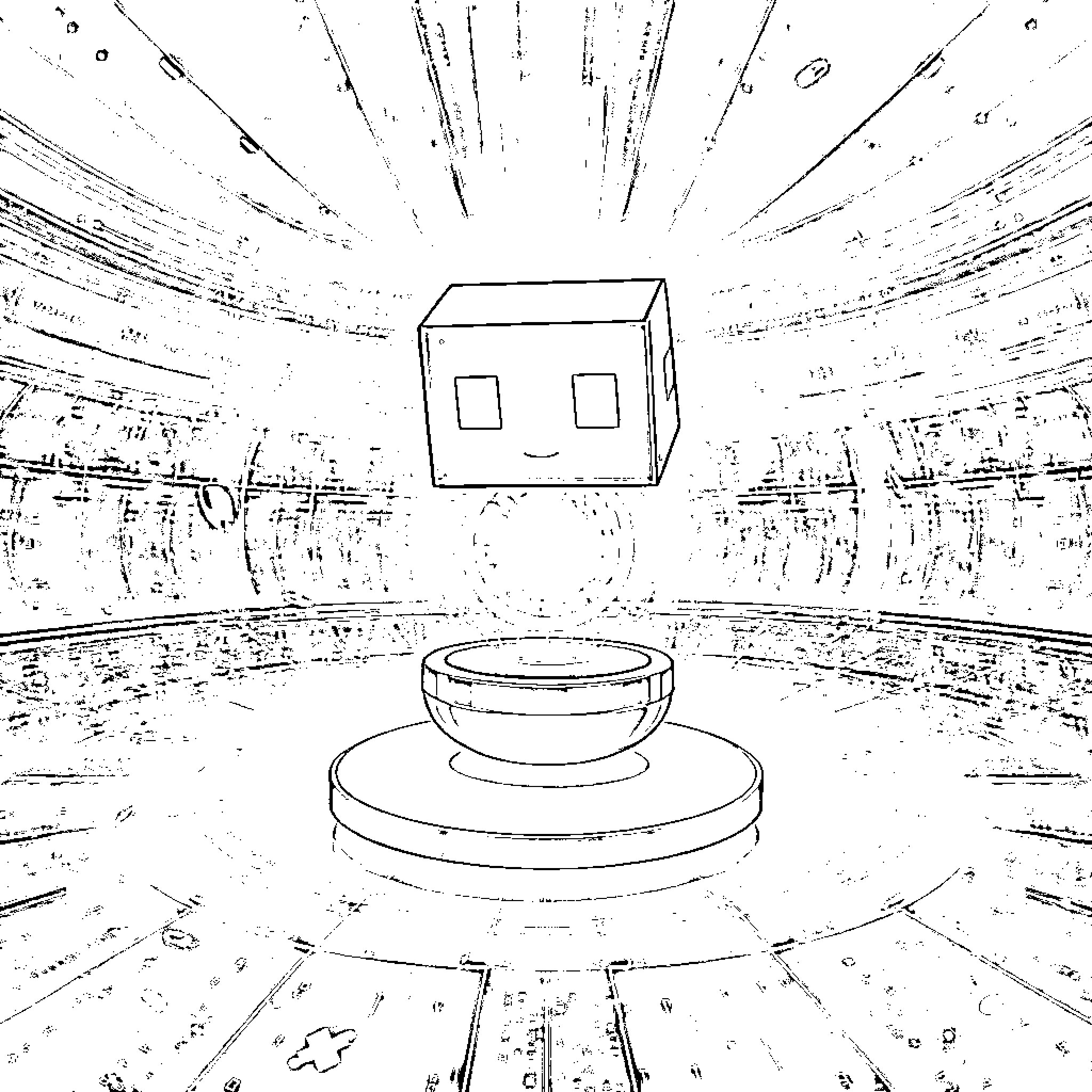 Box-Head figure in a surreal abstract setting Coloring Page (free black-and-white line drawing printable PDF for all, from beginners to advanced learners, including children, teens, adults, and seniors)