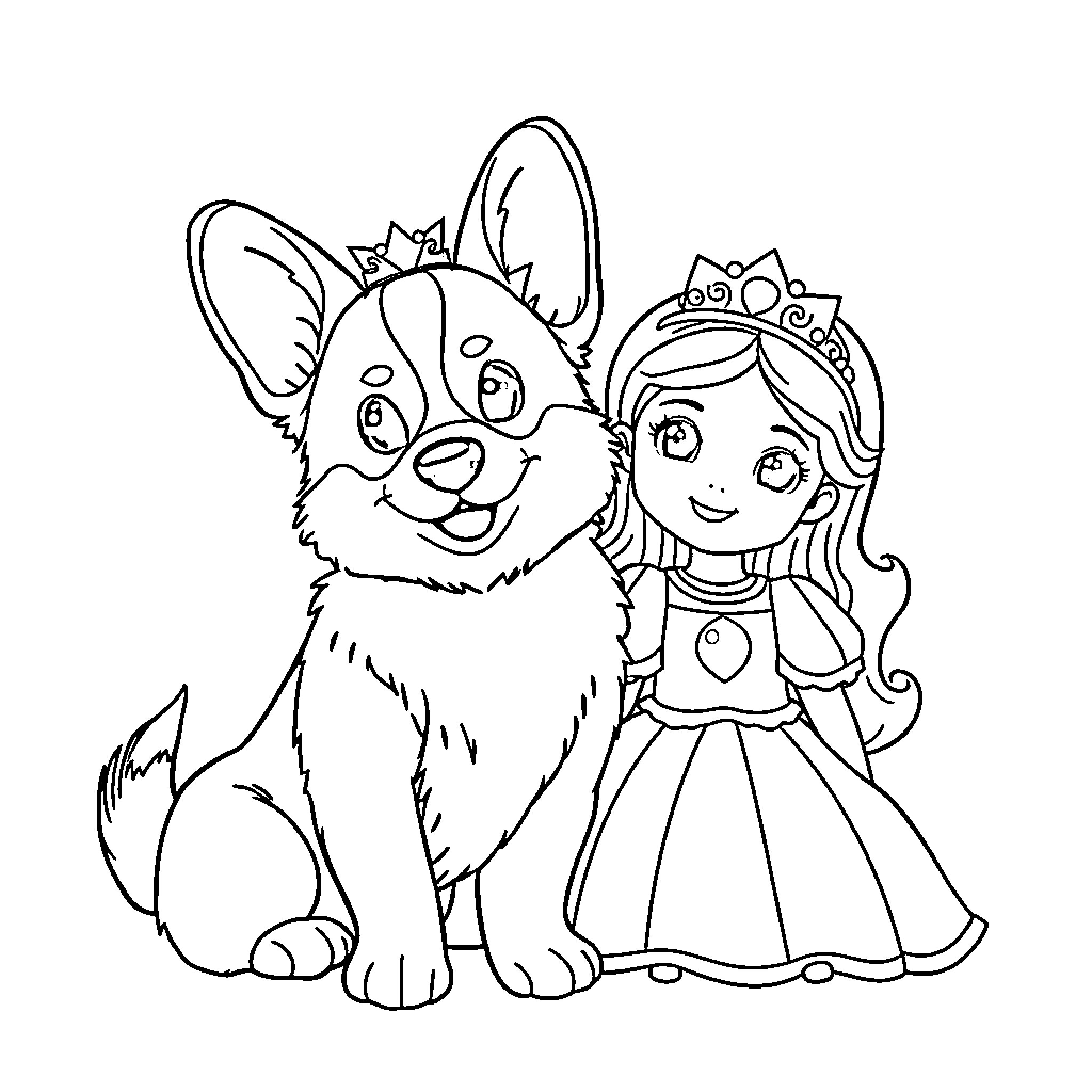 Corgi and Princess in Elegant Attire Coloring Page (free black-and-white line drawing printable PDF for all, from beginners to advanced learners, including children, teens, adults, and seniors)