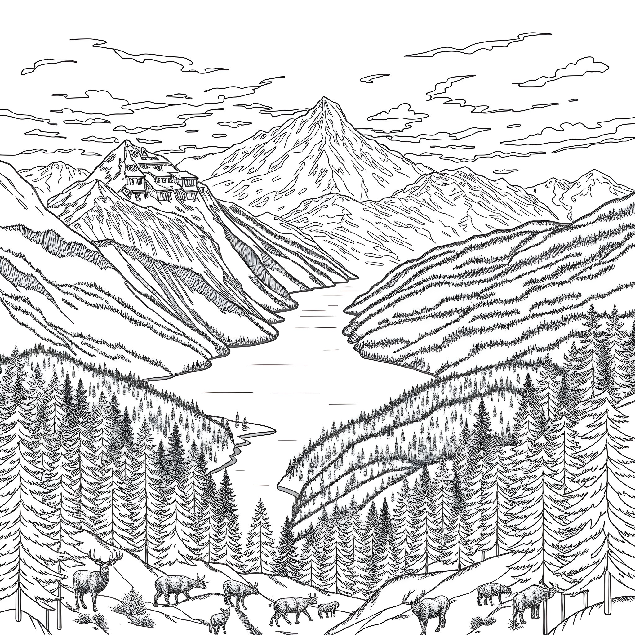 Canada's Majestic Mountain Landscape Coloring Page (free black-and-white line drawing printable PDF for all, from beginners to advanced learners, including children, teens, adults, and seniors)