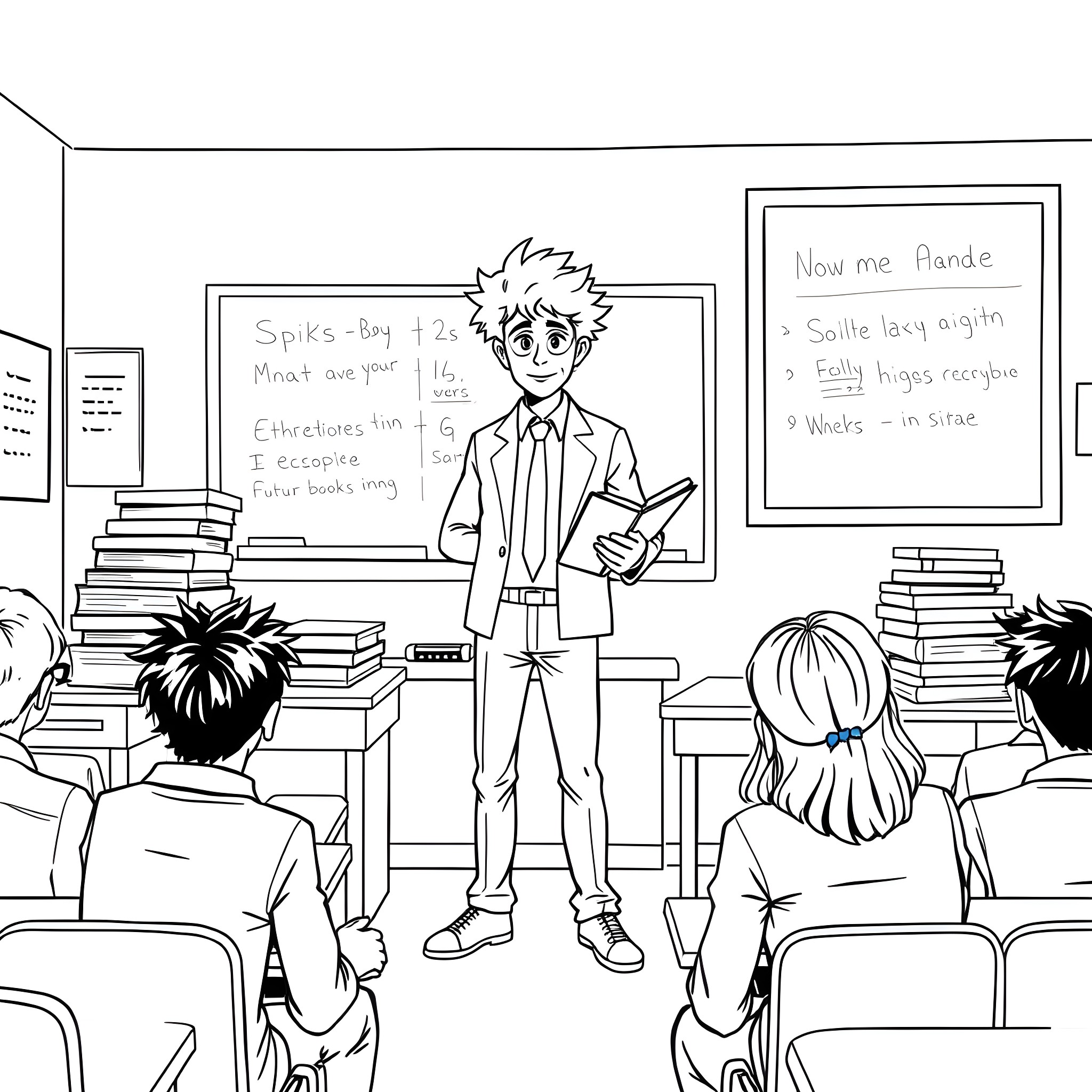 Spike Spiegel teaching a class of students Coloring Page (free black-and-white line drawing printable PDF for all, from beginners to advanced learners, including children, teens, adults, and seniors)