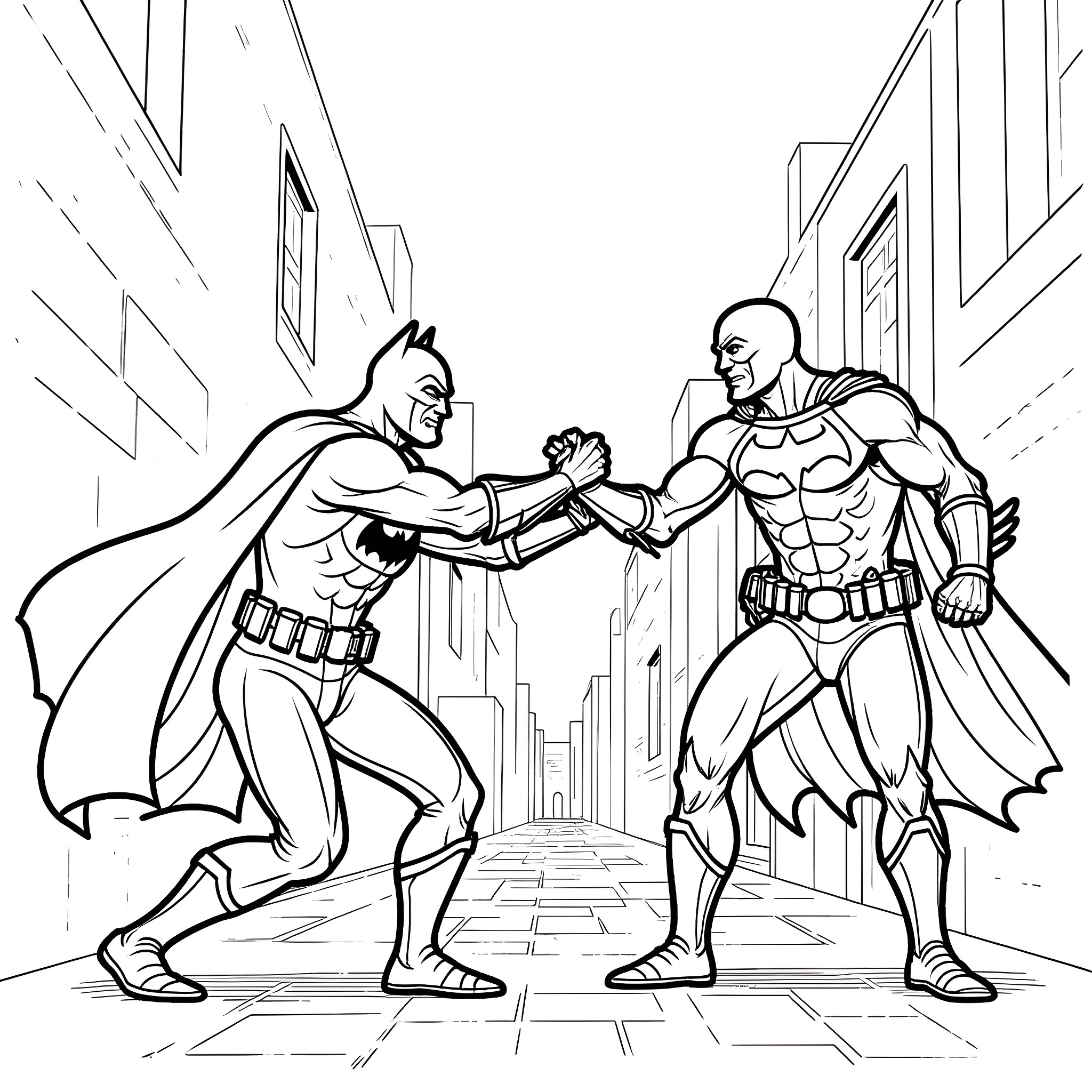 Batman and Villain Face Off in Intense Showdown Coloring Page (free black-and-white line drawing printable PDF for all, from beginners to advanced learners, including children, teens, adults, and seniors)