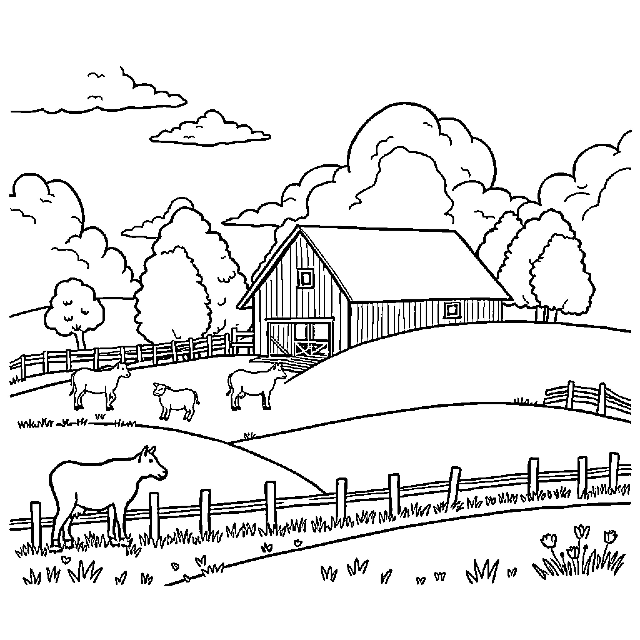 Farm Scene with Barn, Animals, and Fences Coloring Page (free black-and-white line drawing printable PDF for all, from beginners to advanced learners, including children, teens, adults, and seniors)