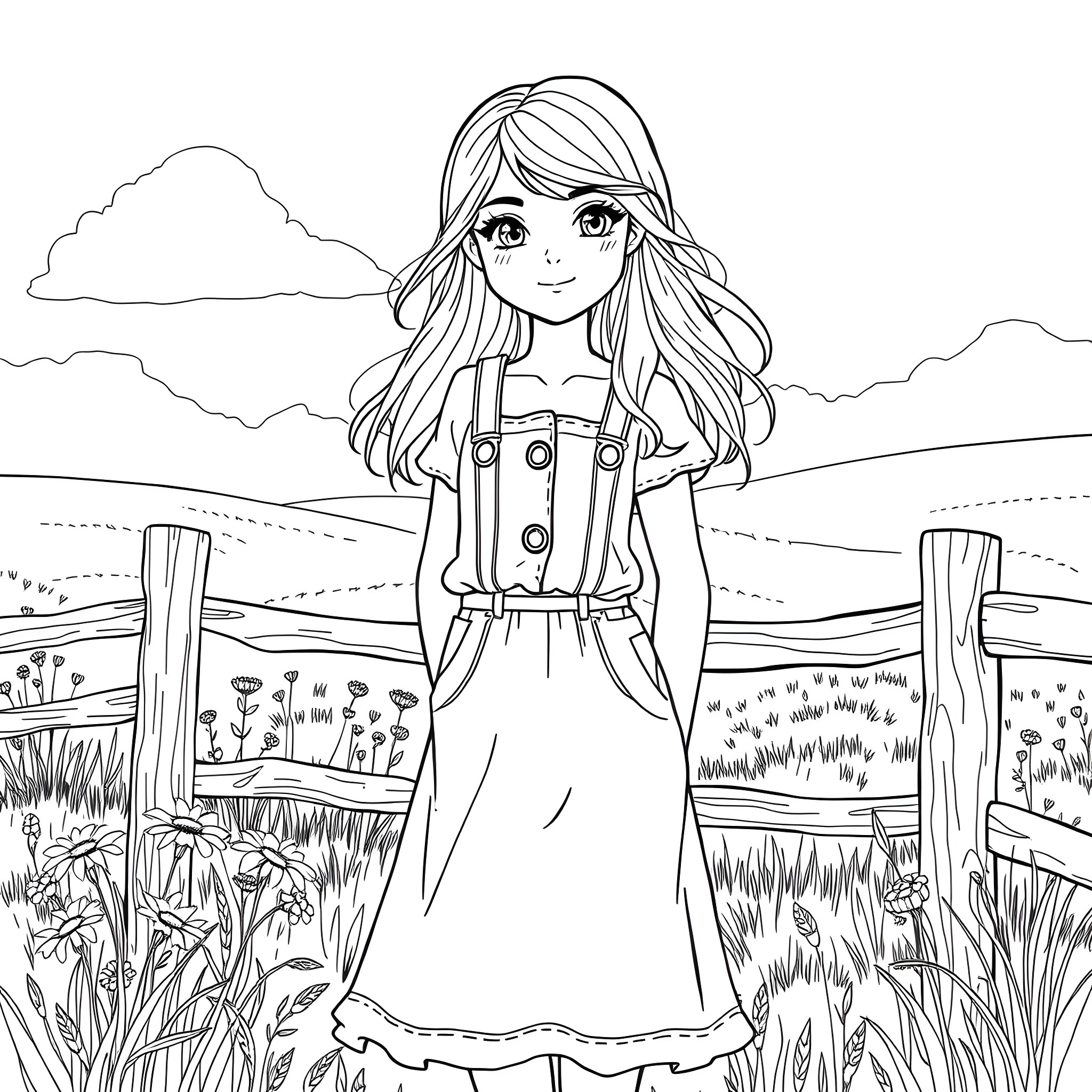 Country Girl Exploring the Countryside Coloring Page (free black-and-white line drawing printable PDF for all, from beginners to advanced learners, including children, teens, adults, and seniors)