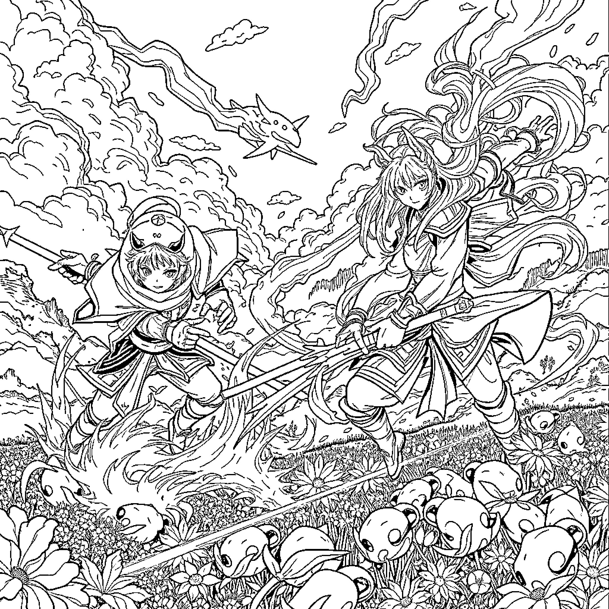 Genshin Impact - Epic Anime Battle Amid Fantastical Landscape Coloring Page (free black-and-white line drawing printable PDF for all, from beginners to advanced learners, including children, teens, adults, and seniors)