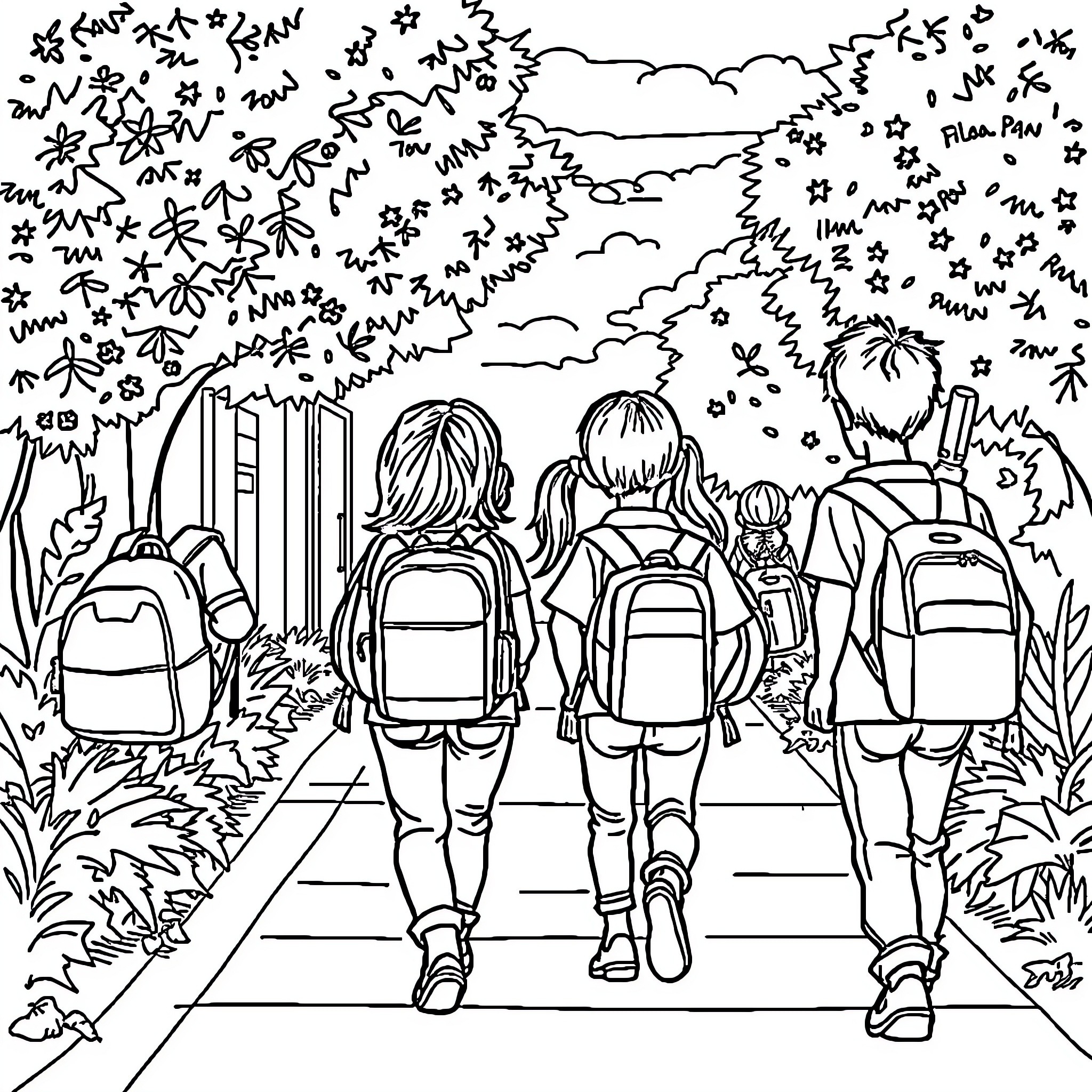 Class on a Scenic Nature Trail Coloring Page (free black-and-white line drawing printable PDF for all, from beginners to advanced learners, including children, teens, adults, and seniors)