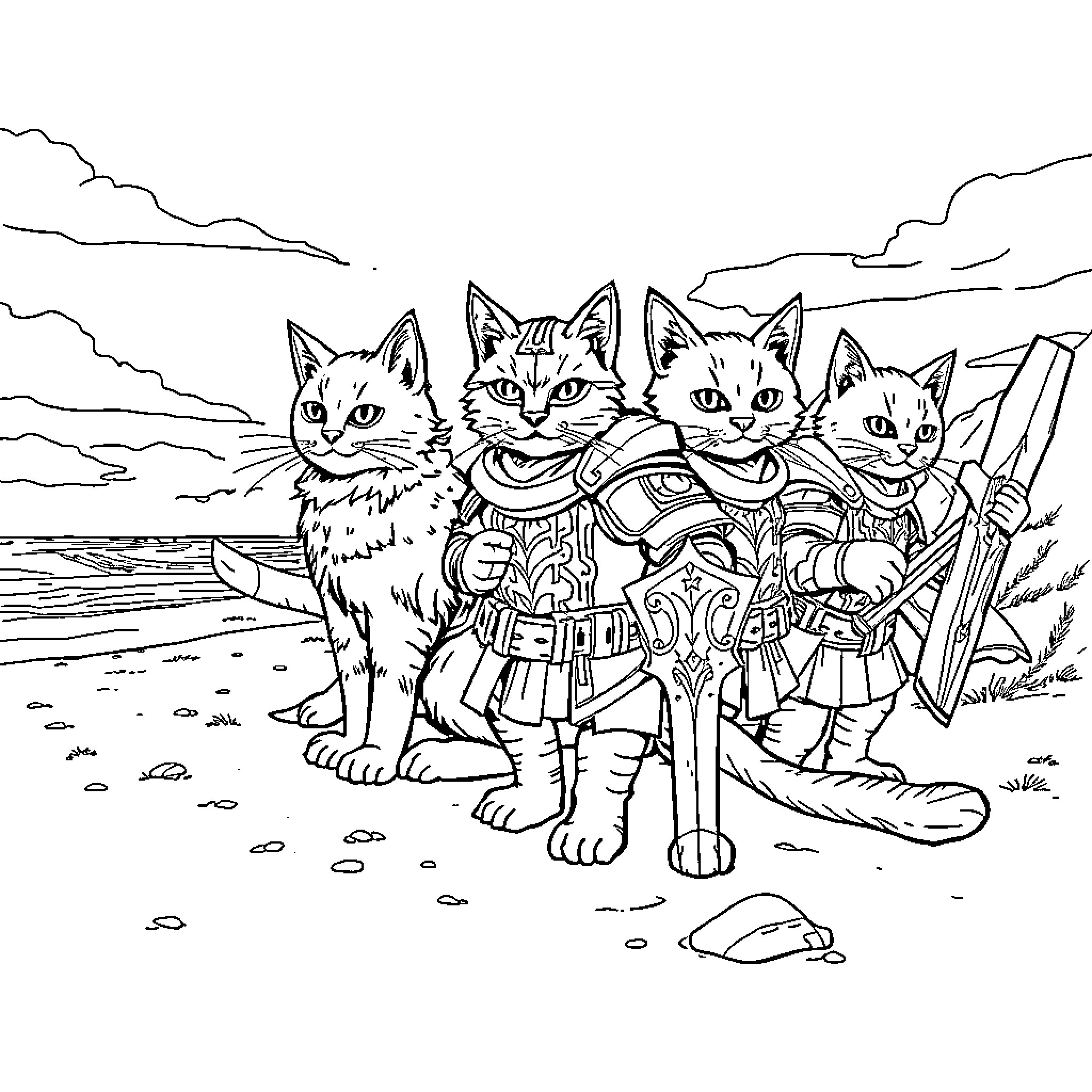 Cats in medieval warrior outfits on a beach Coloring Page (free black-and-white line drawing printable PDF for all, from beginners to advanced learners, including children, teens, adults, and seniors)
