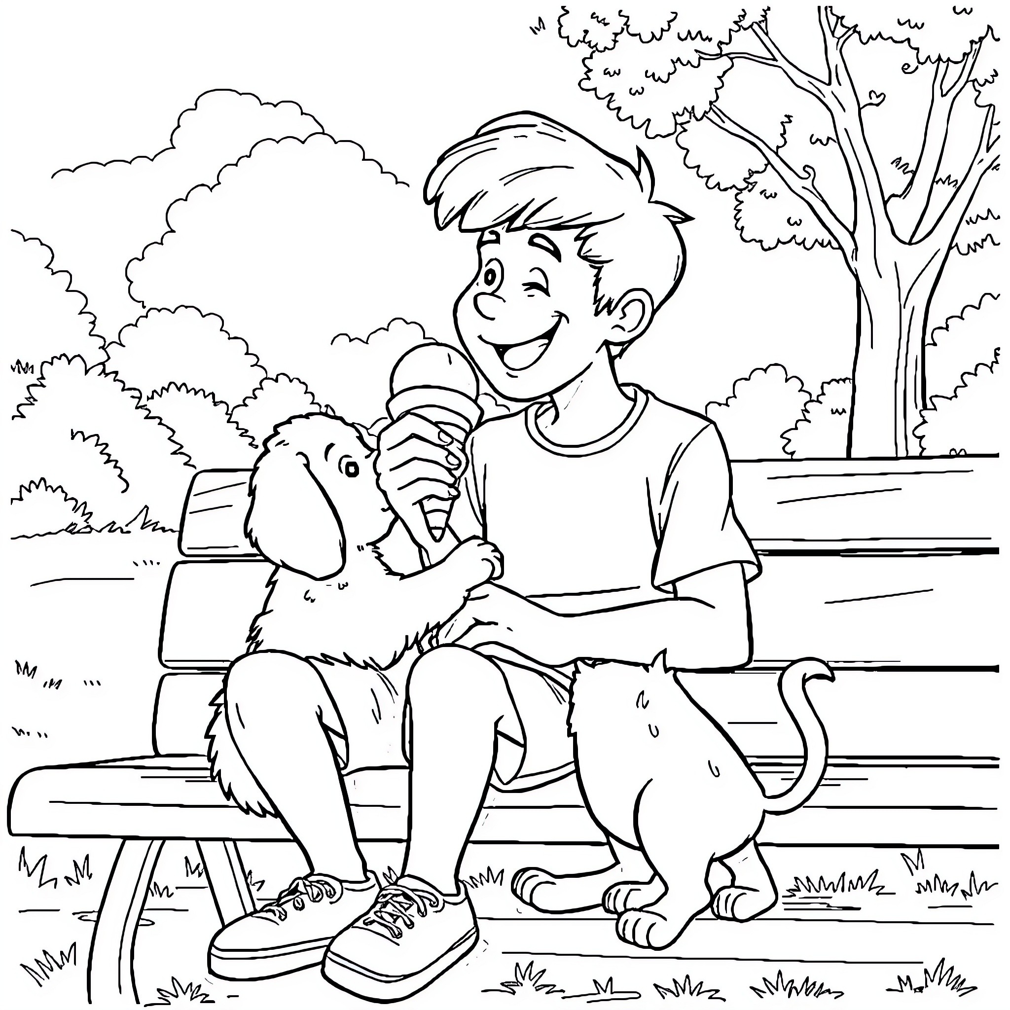 George Clanton enjoys an ice cream with his loyal companion Coloring Page (free black-and-white line drawing printable PDF for all, from beginners to advanced learners, including children, teens, adults, and seniors)