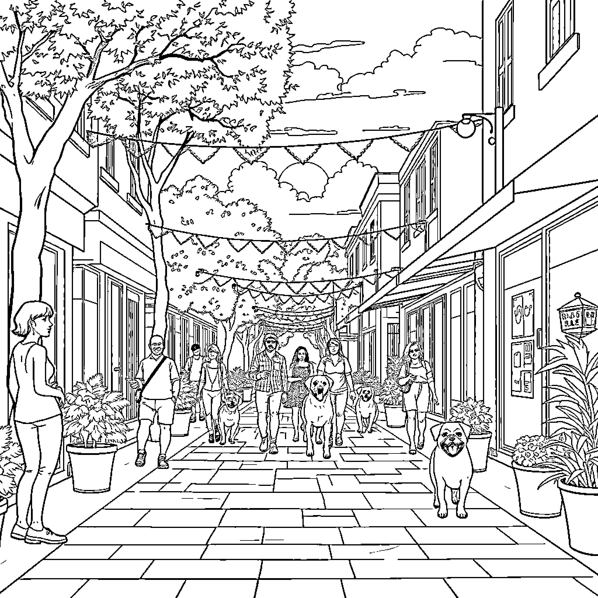 Cat enjoying lively street scene with people and decorations Coloring Page (free black-and-white line drawing printable PDF for all, from beginners to advanced learners, including children, teens, adults, and seniors)