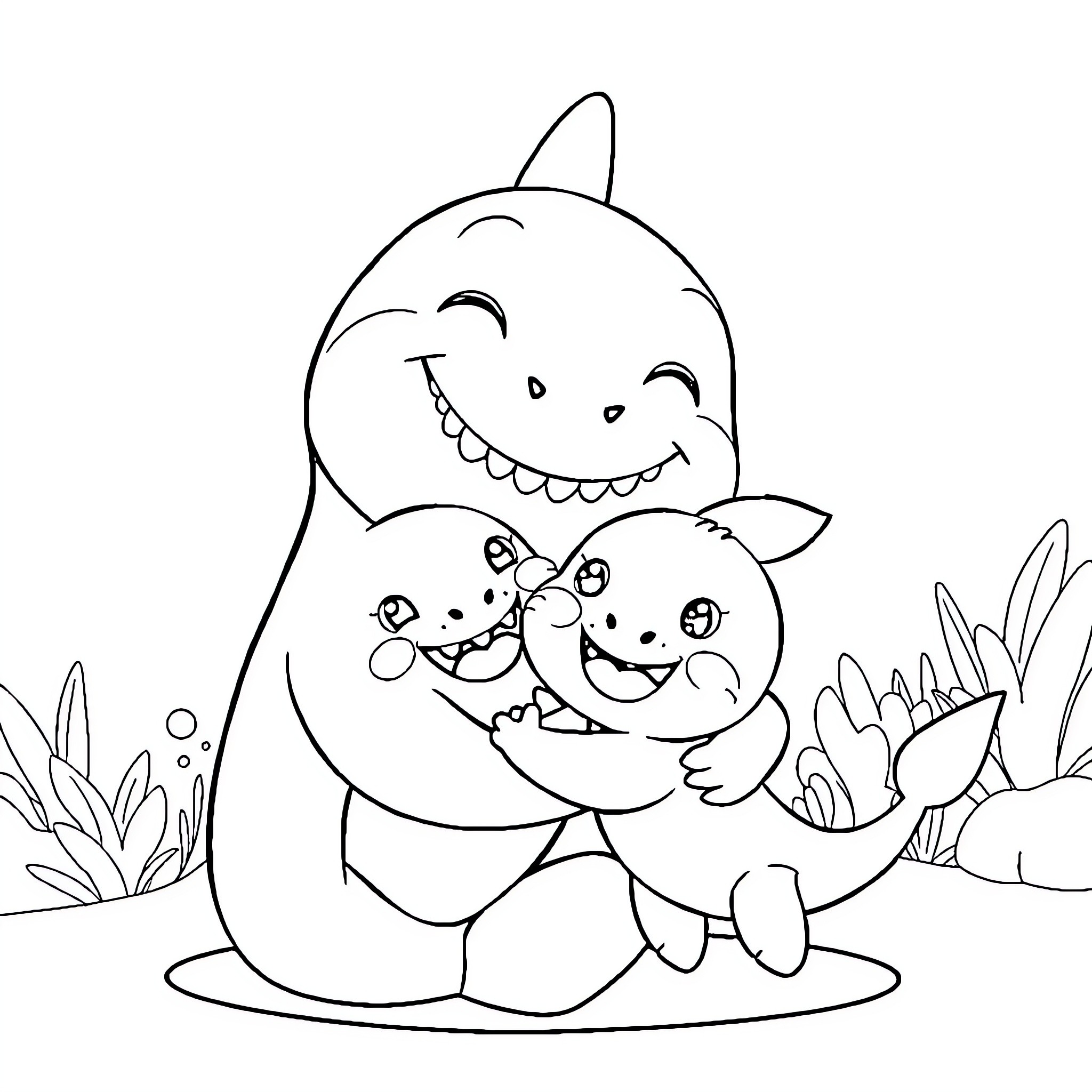 Jeff Sharing Smiles with Adorable Shark Family Coloring Page (free black-and-white line drawing printable PDF for all, from beginners to advanced learners, including children, teens, adults, and seniors)