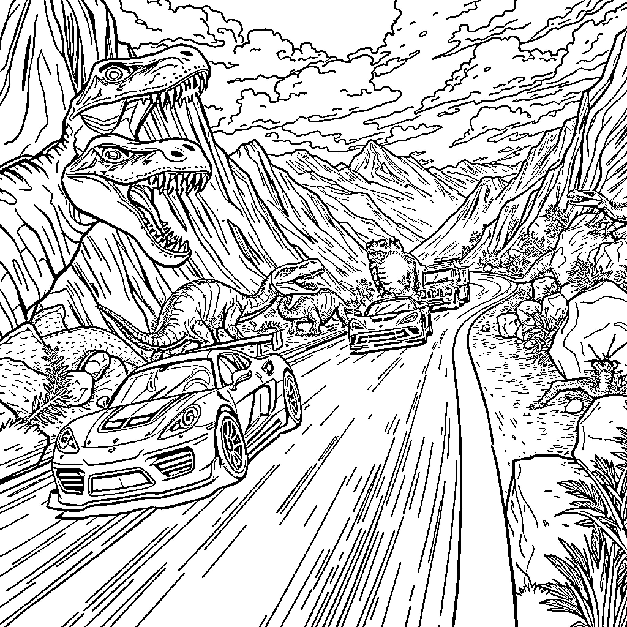 Car Escaping Dinosaurs in Dramatic Landscape Coloring Page (free black-and-white line drawing printable PDF for all, from beginners to advanced learners, including children, teens, adults, and seniors)