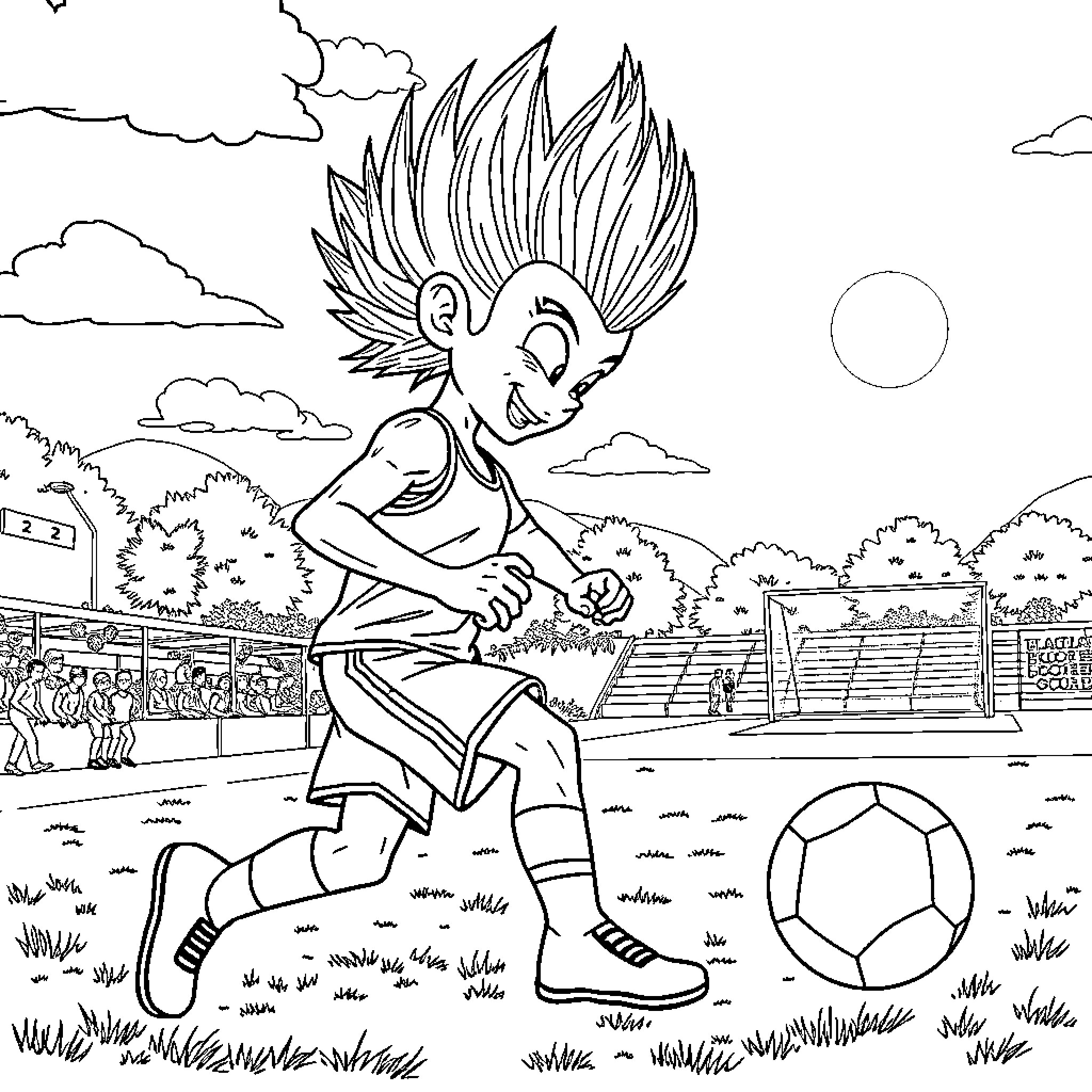 Vegeta playing soccer in an outdoor stadium Coloring Page (free black-and-white line drawing printable PDF for all, from beginners to advanced learners, including children, teens, adults, and seniors)