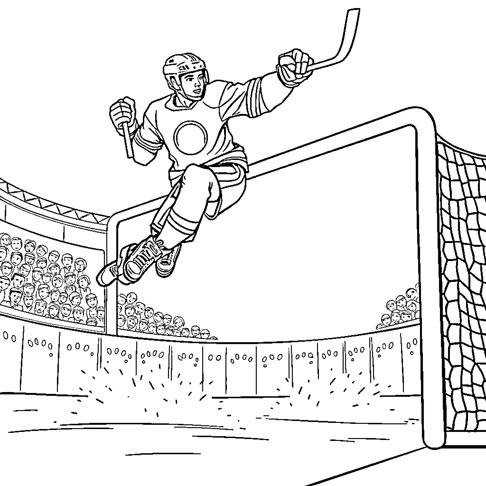 Hockey Player scoring a goal in the rink Coloring Page (free black-and-white line drawing printable PDF for all, from beginners to advanced learners, including children, teens, adults, and seniors)