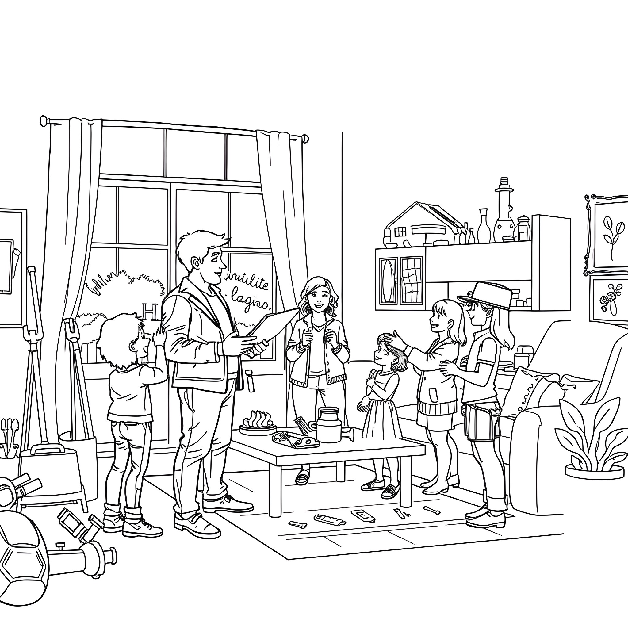 Fixer Upper: Family Redecorating Their Home Coloring Page (free black-and-white line drawing printable PDF for all, from beginners to advanced learners, including children, teens, adults, and seniors)
