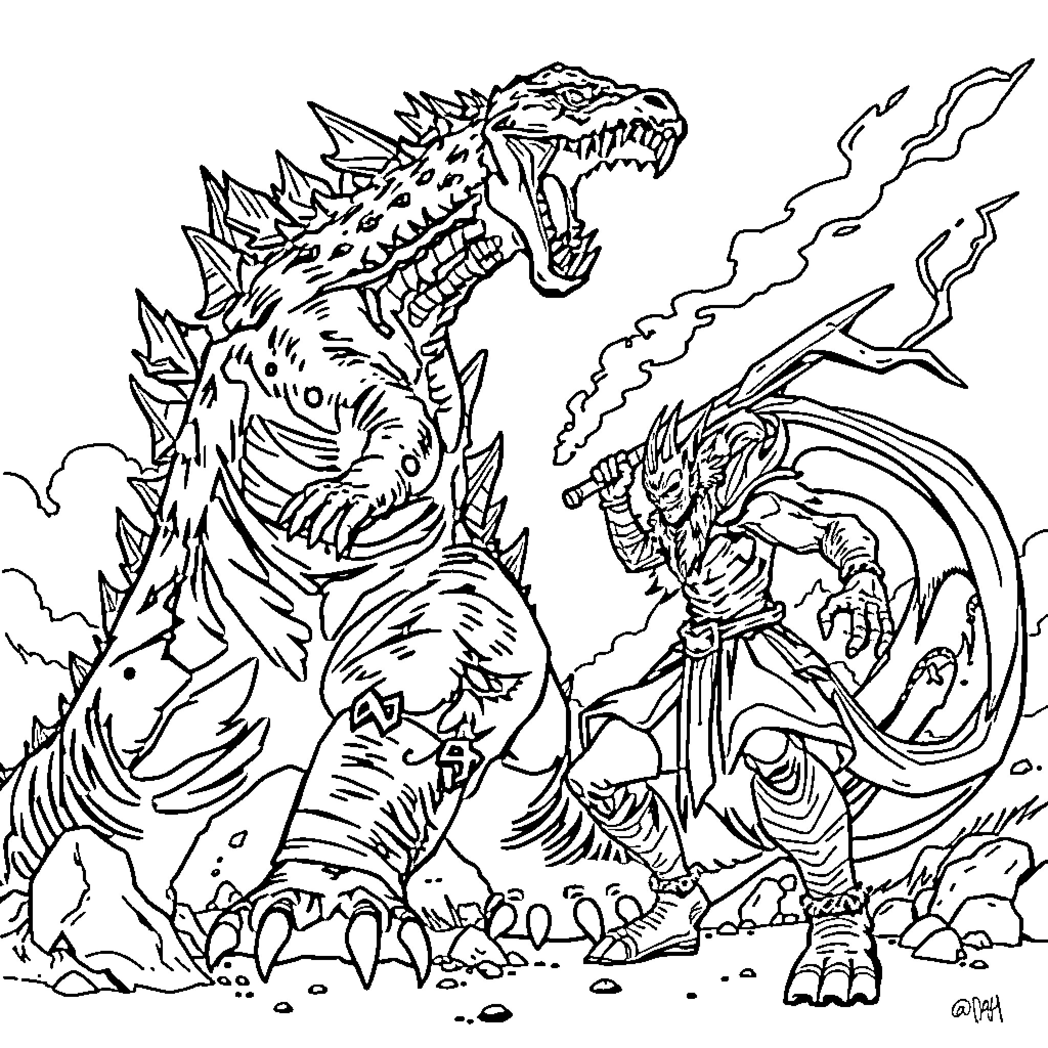 Godzilla battles a fearsome dragon creature Coloring Page (free black-and-white line drawing printable PDF for all, from beginners to advanced learners, including children, teens, adults, and seniors)