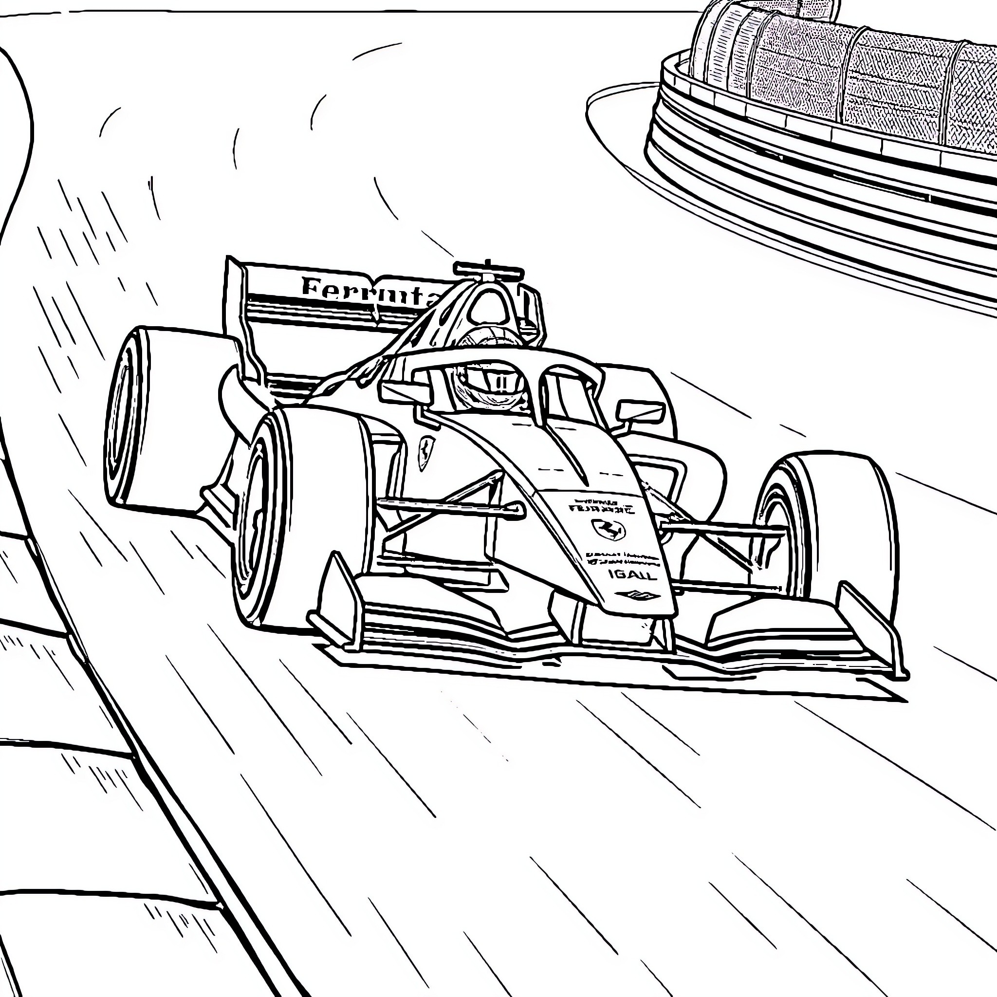 Ferrari Formula Race Car Speeding on Track Coloring Page (free black-and-white line drawing printable PDF for all, from beginners to advanced learners, including children, teens, adults, and seniors)
