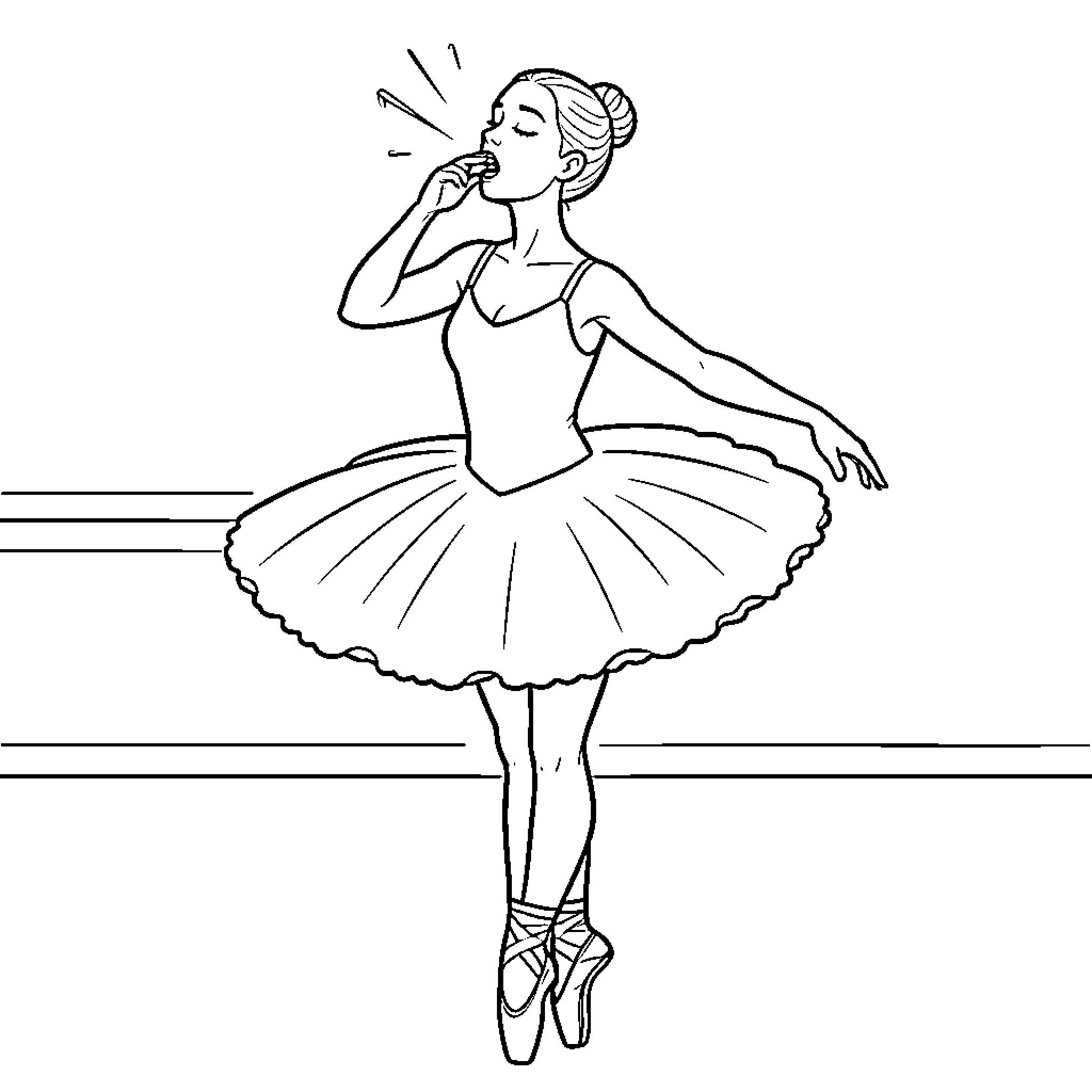 Ballerina performing graceful dance on stage Coloring Page (free black-and-white line drawing printable PDF for all, from beginners to advanced learners, including children, teens, adults, and seniors)