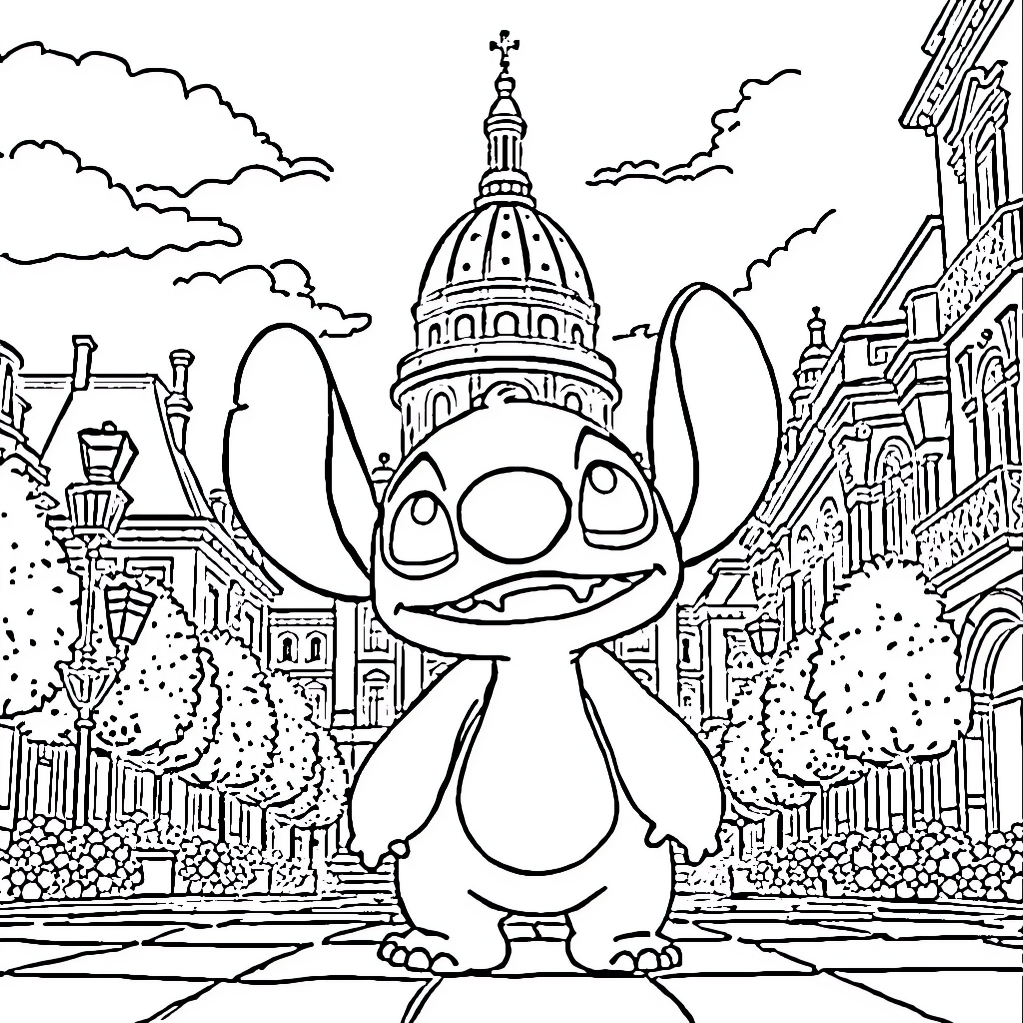 Stitch explores the city landmarks Coloring Page (free black-and-white line drawing printable PDF for all, from beginners to advanced learners, including children, teens, adults, and seniors)