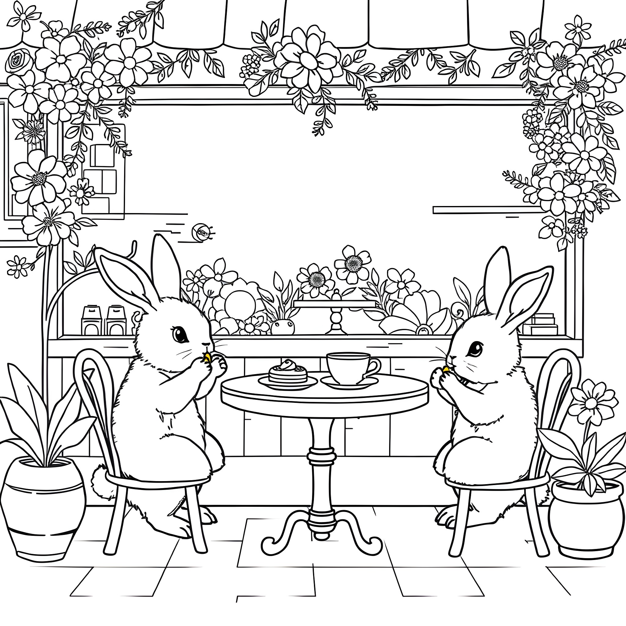 Bunny enjoying tea time in a floral garden Coloring Page (free black-and-white line drawing printable PDF for all, from beginners to advanced learners, including children, teens, adults, and seniors)