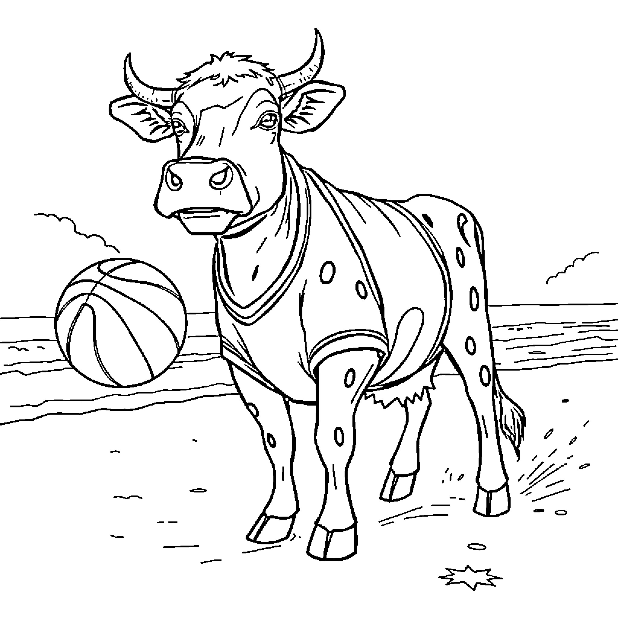 Cow playing with a basketball on the beach Coloring Page (free black-and-white line drawing printable PDF for all, from beginners to advanced learners, including children, teens, adults, and seniors)