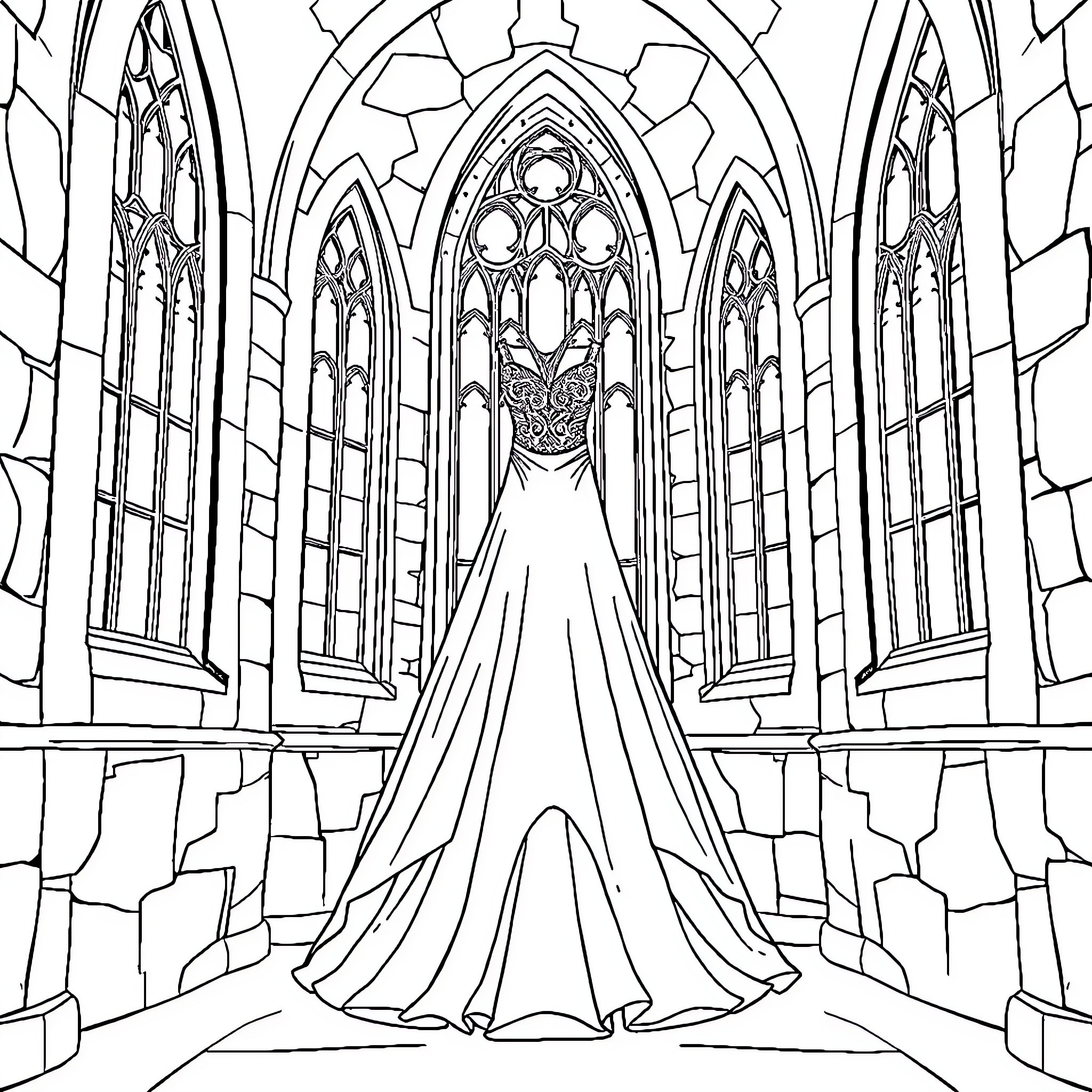 Bridal Gown in a Gothic Cathedral Coloring Page (free black-and-white line drawing printable PDF for all, from beginners to advanced learners, including children, teens, adults, and seniors)
